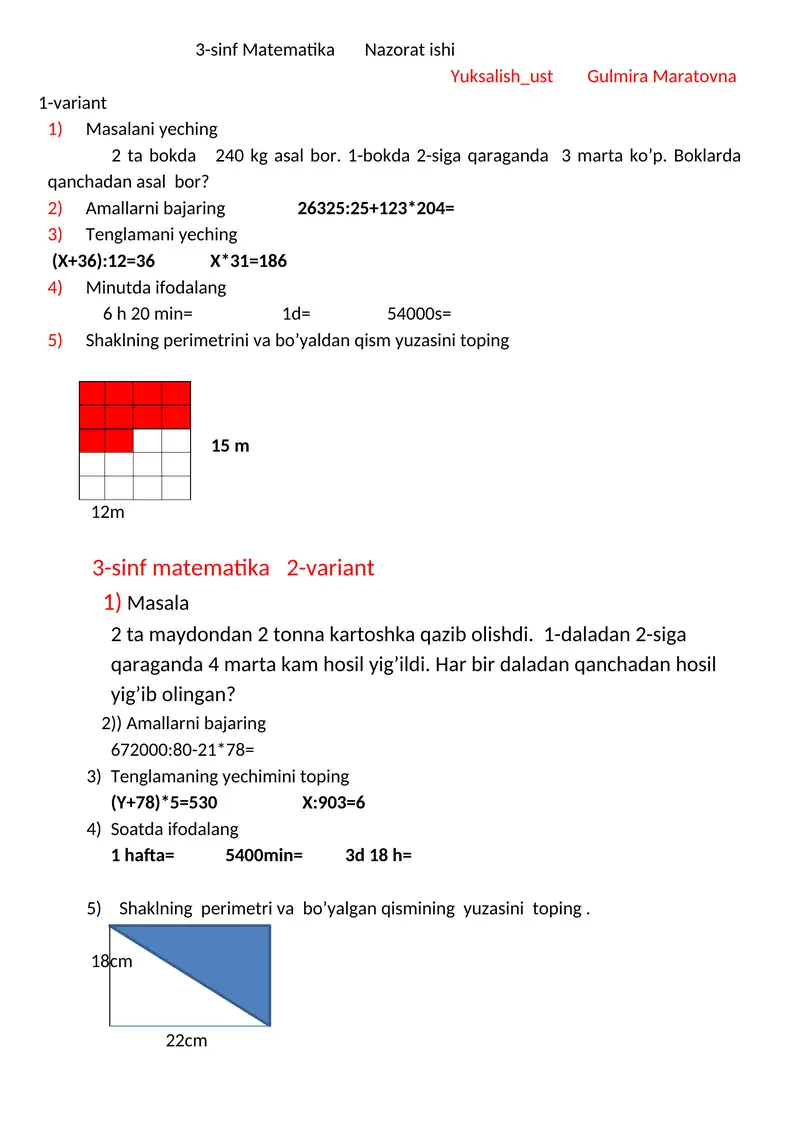 3-sinf Matematika Nazorat ishi