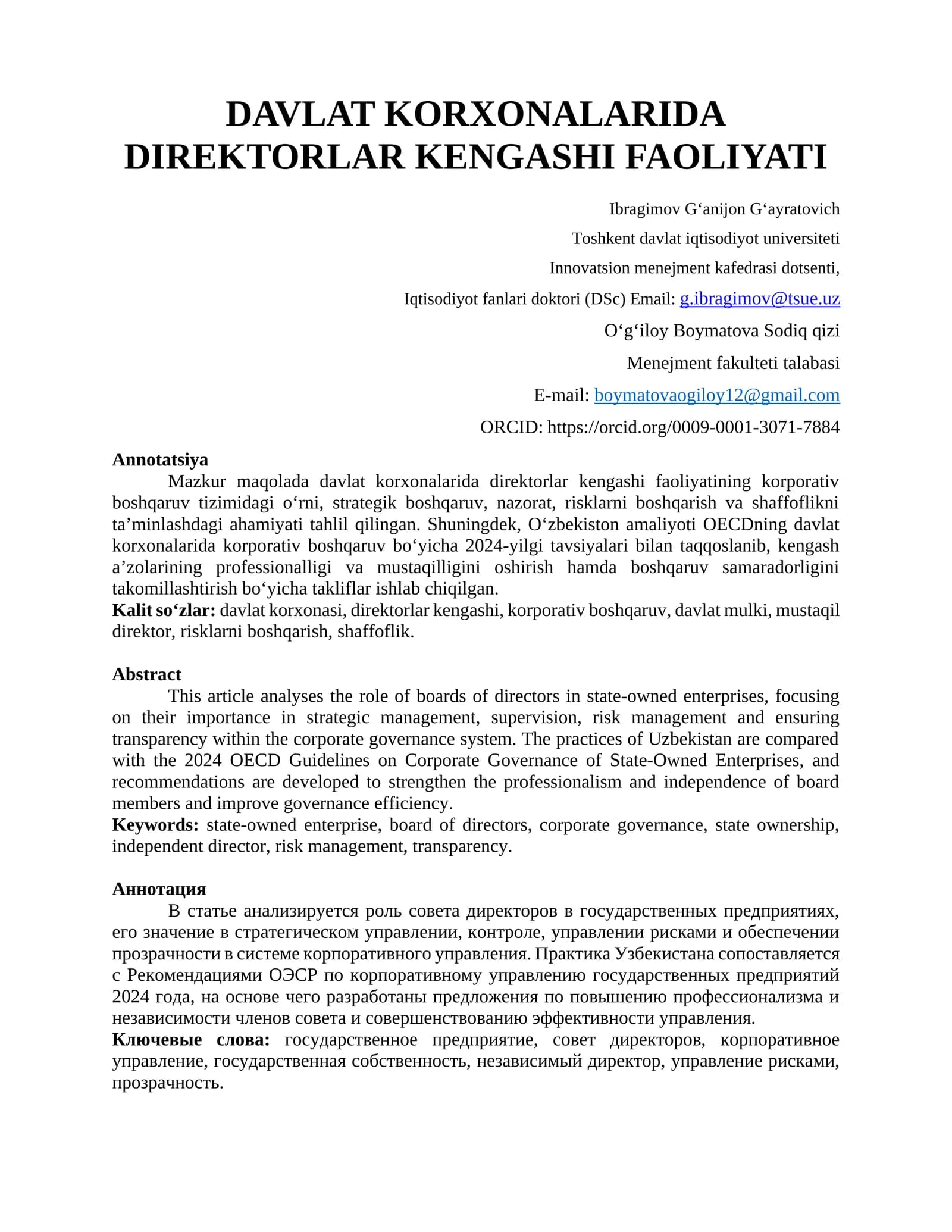 Davlat korxonalarida direktorlar kengashi faoliyati
