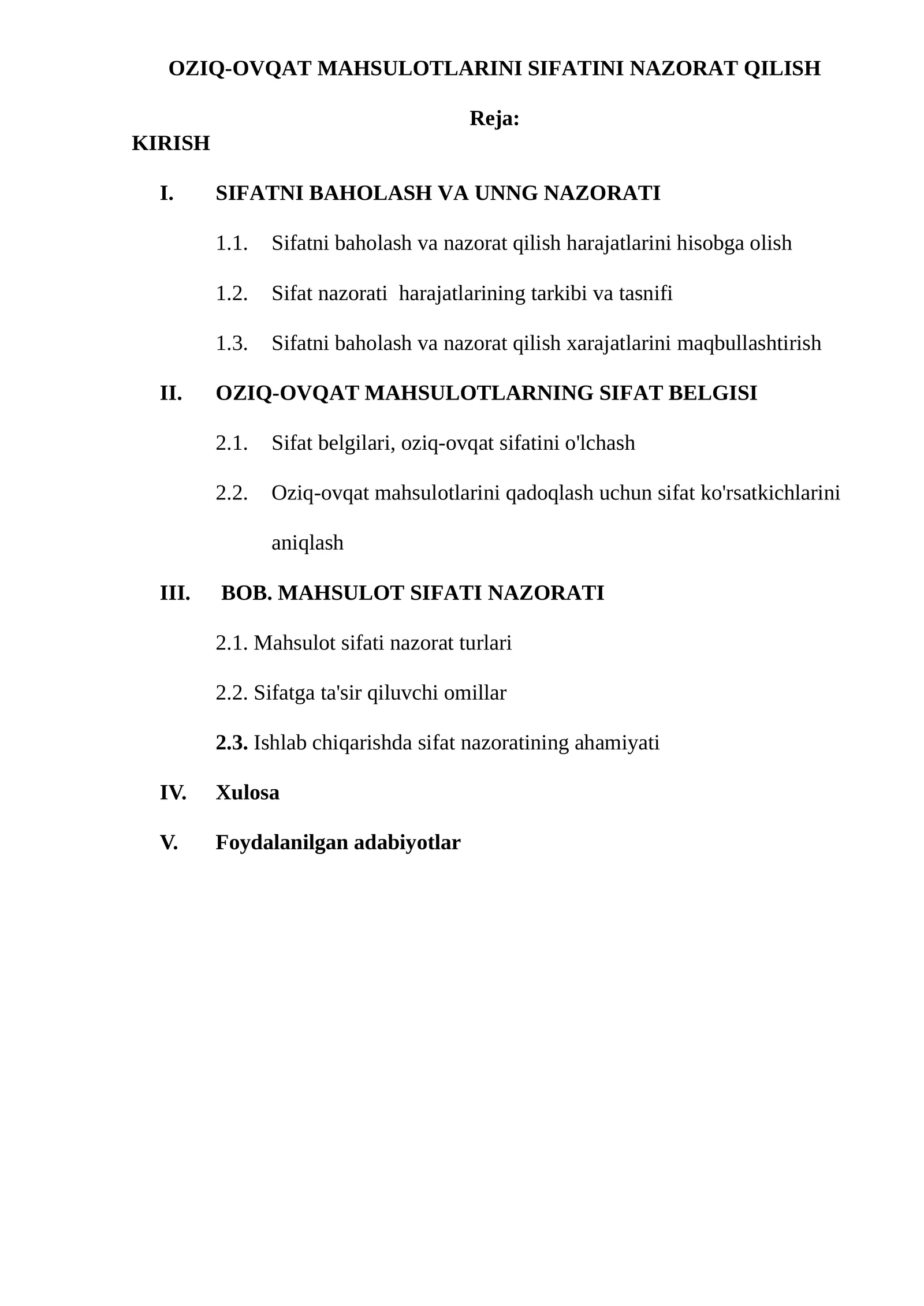 OZIQ-OVQAT MAHSULOTLARINI SIFATINI NAZORAT QILISH