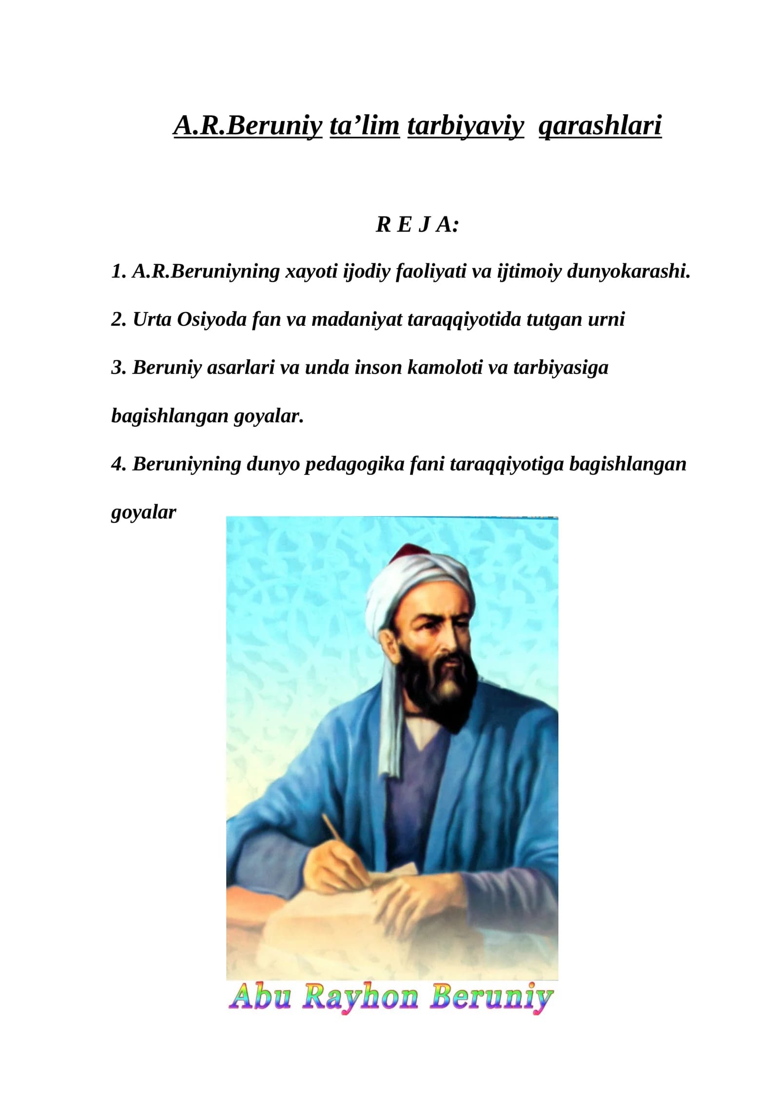 A.R.Beruniy Ta'lim Tarbiyaviy Qarashlari
