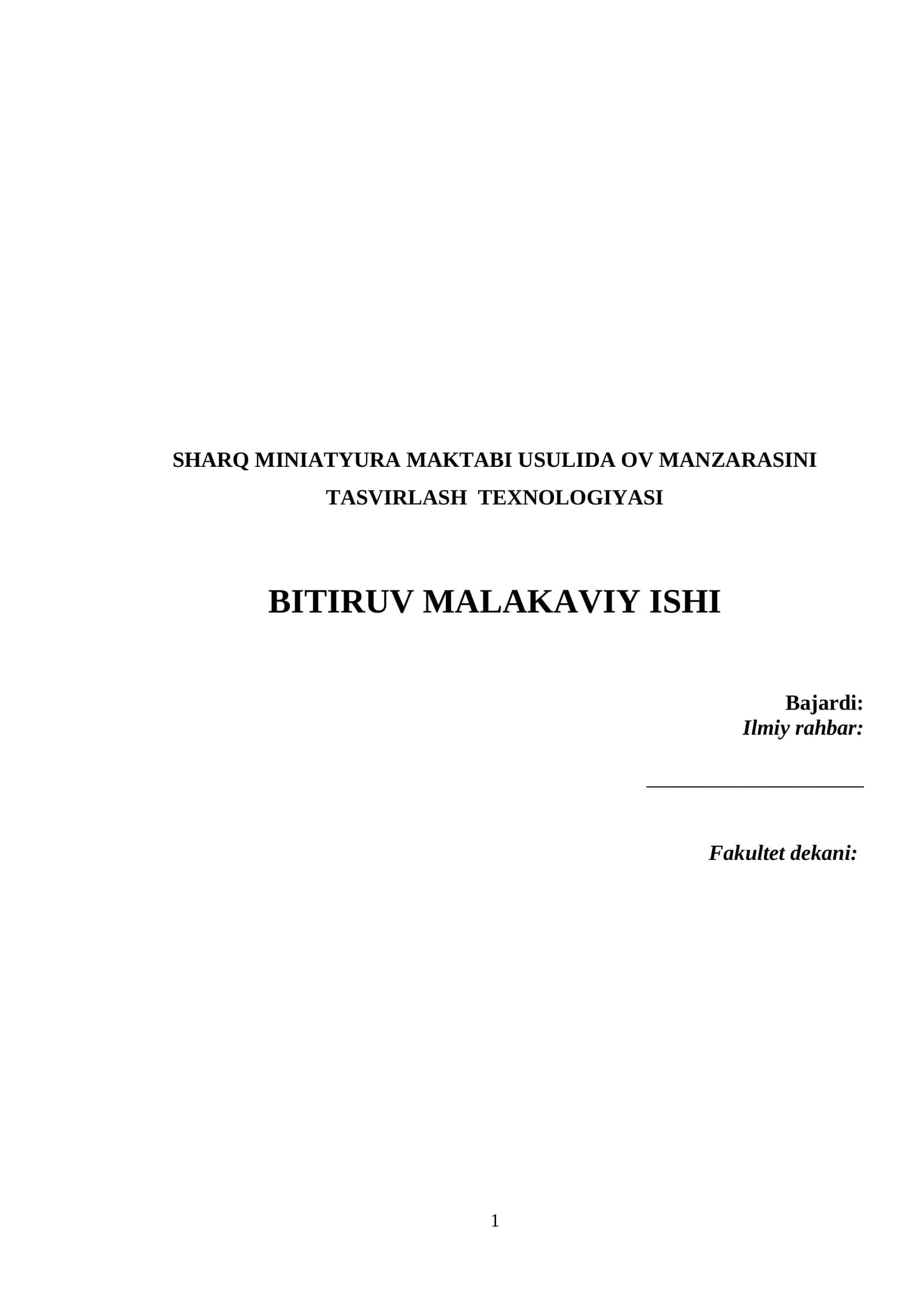 SHARQ MINIATYURA MAKTABI USULIDA OV MANZARASINI TASVIRLASH TEXNOLOGIYASI