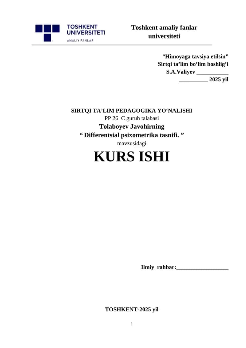 DIFFERENTIAL PSIХOMETRIKA TASNIFI
