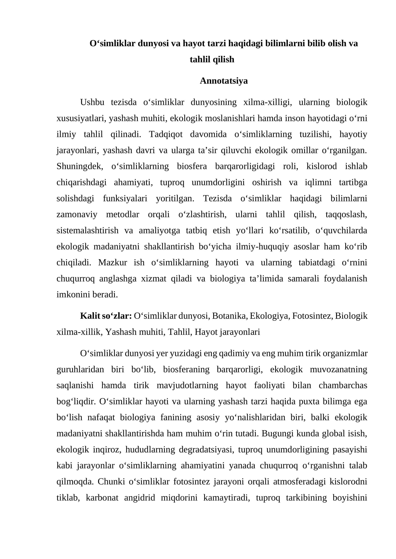 O‘simliklar dunyosi va hayot tarzi haqidagi bilimlarni bilib olish va tahlil qilish