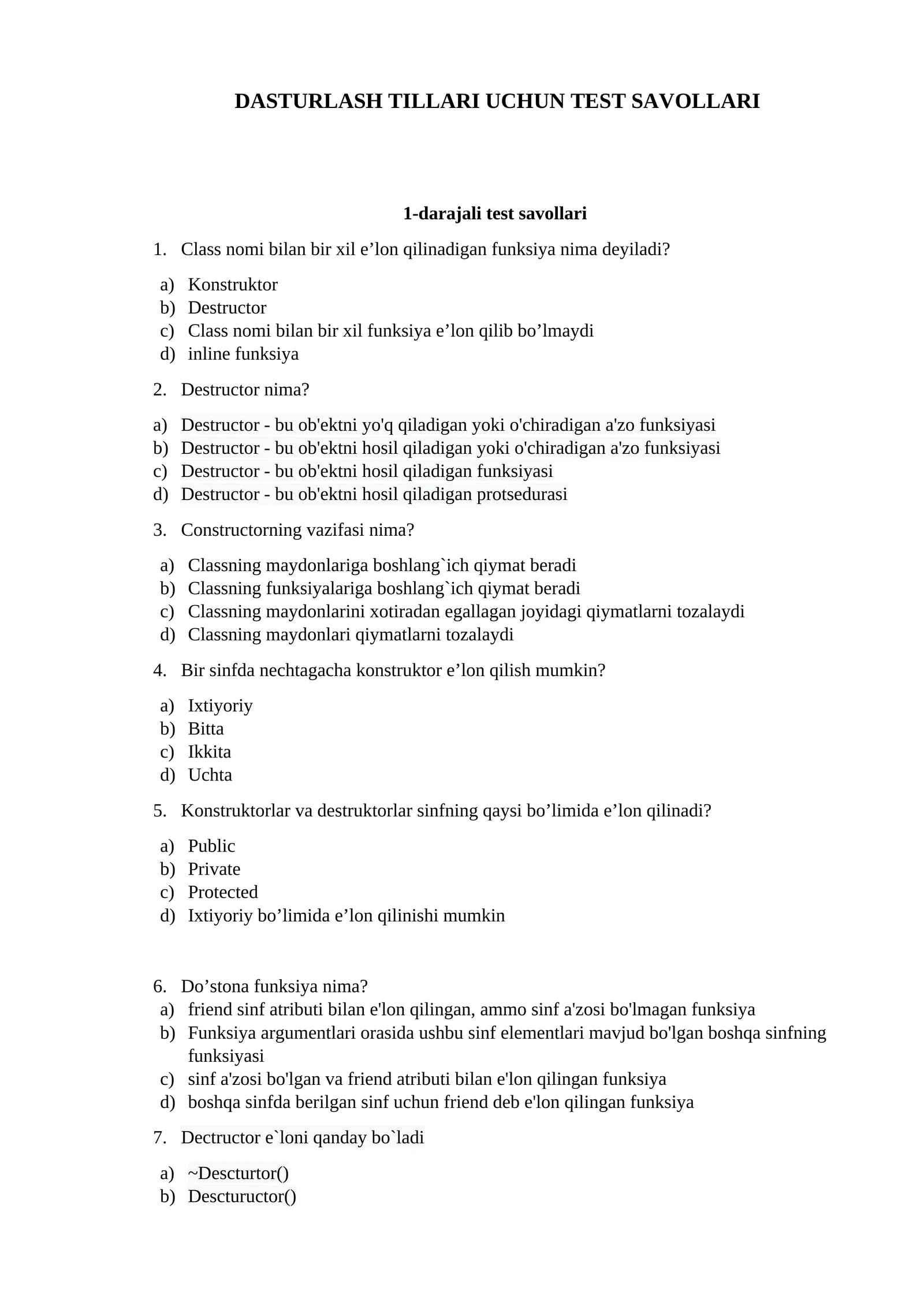 DASTURLASH TILLARI UCHUN TEST SAVOLLARI