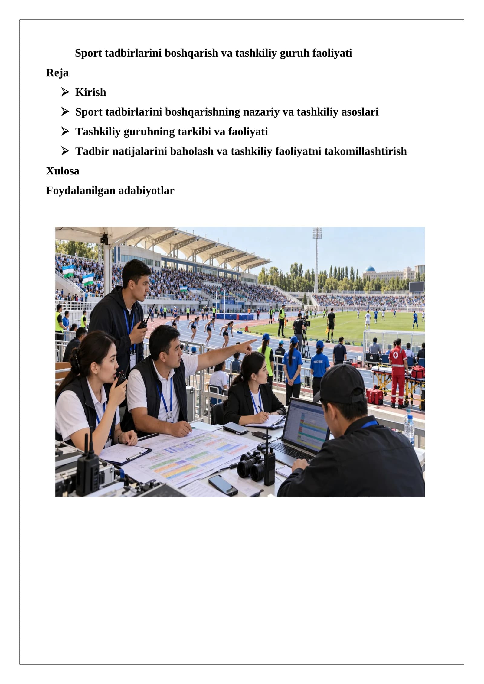 Sport tadbirlarini boshqarish va tashkiliy guruh faoliyati