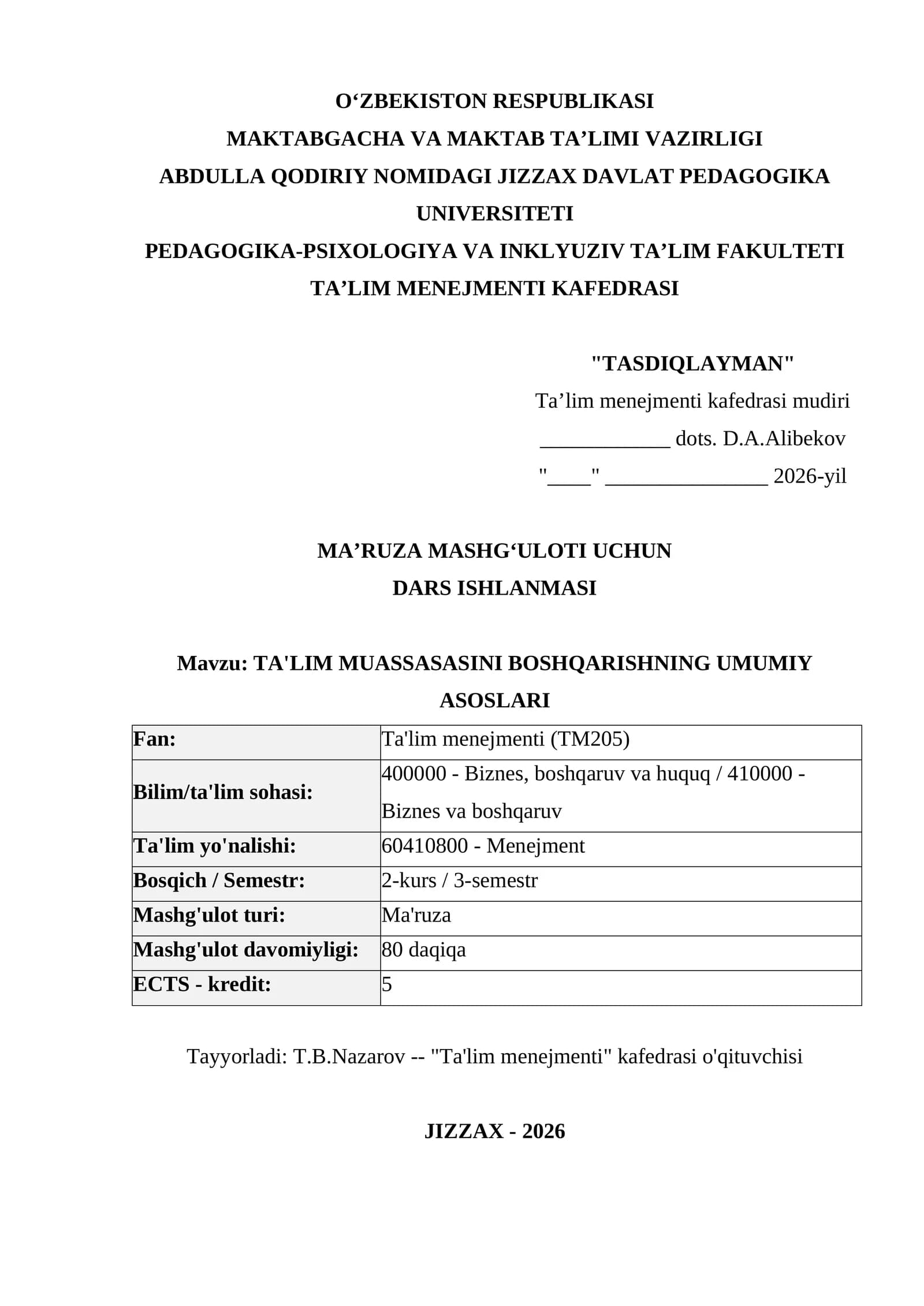 TA'LIM MUASSASASINI BOSHQARISHNING UMUMIY ASOSLARI