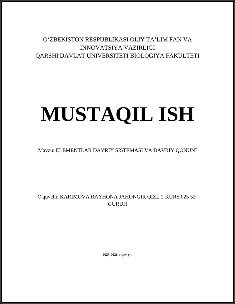 ELEMENTLAR DAVRIY SISTEMASI VA DAVRIY QONUNI