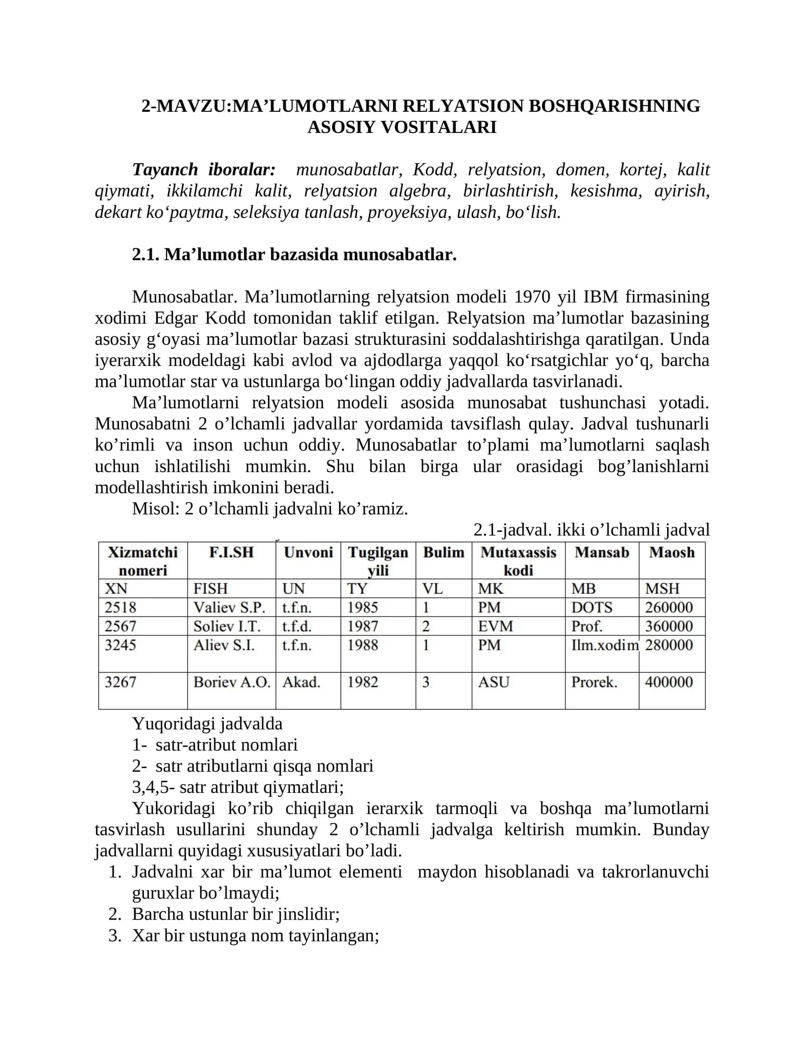 MA’LUMOTLARNI RELYATSION BOSHQARISHNING ASOSIY VOSITALARI