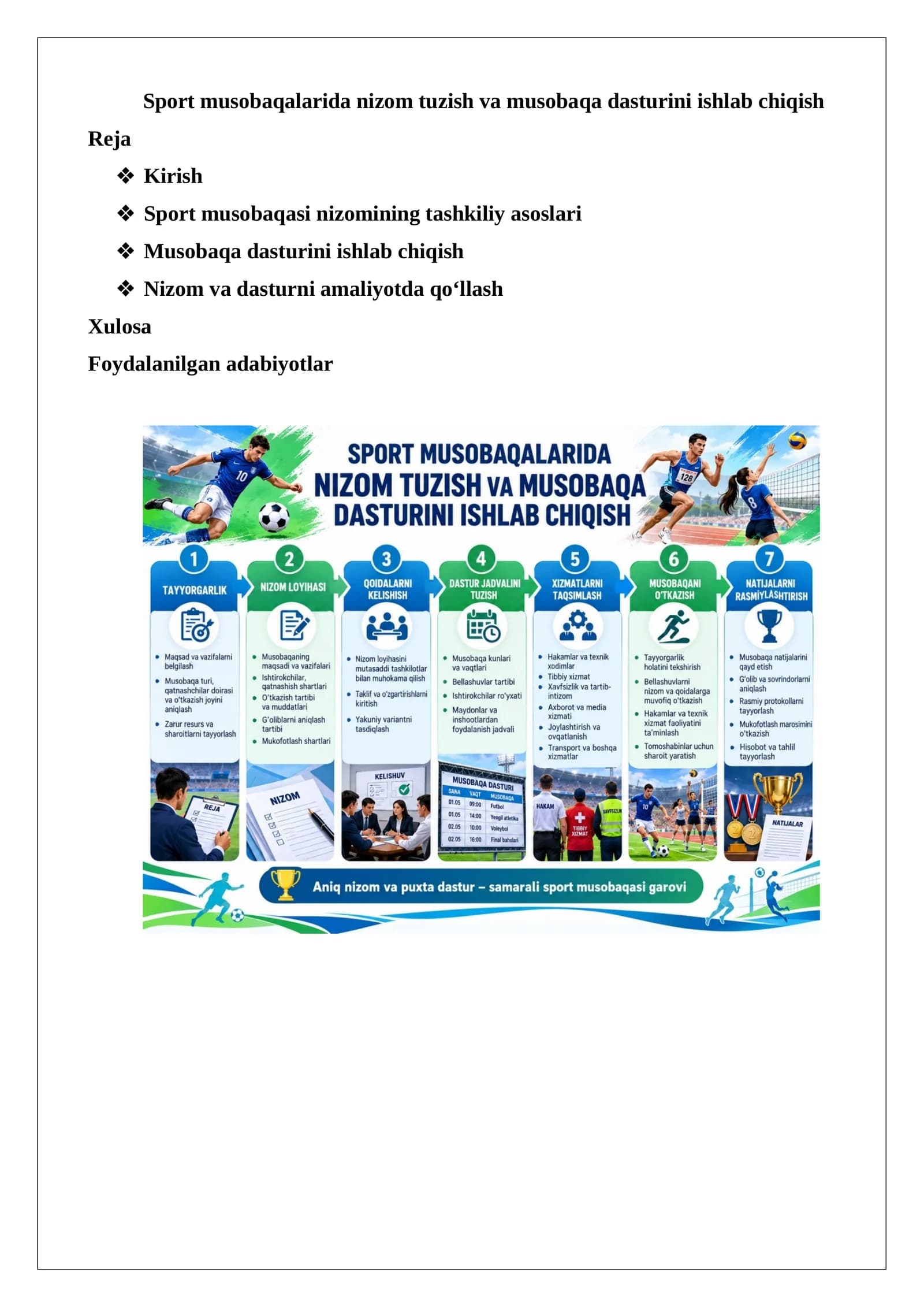 Sport musobaqalarida nizom tuzish va musobaqa dasturini ishlab chiqish