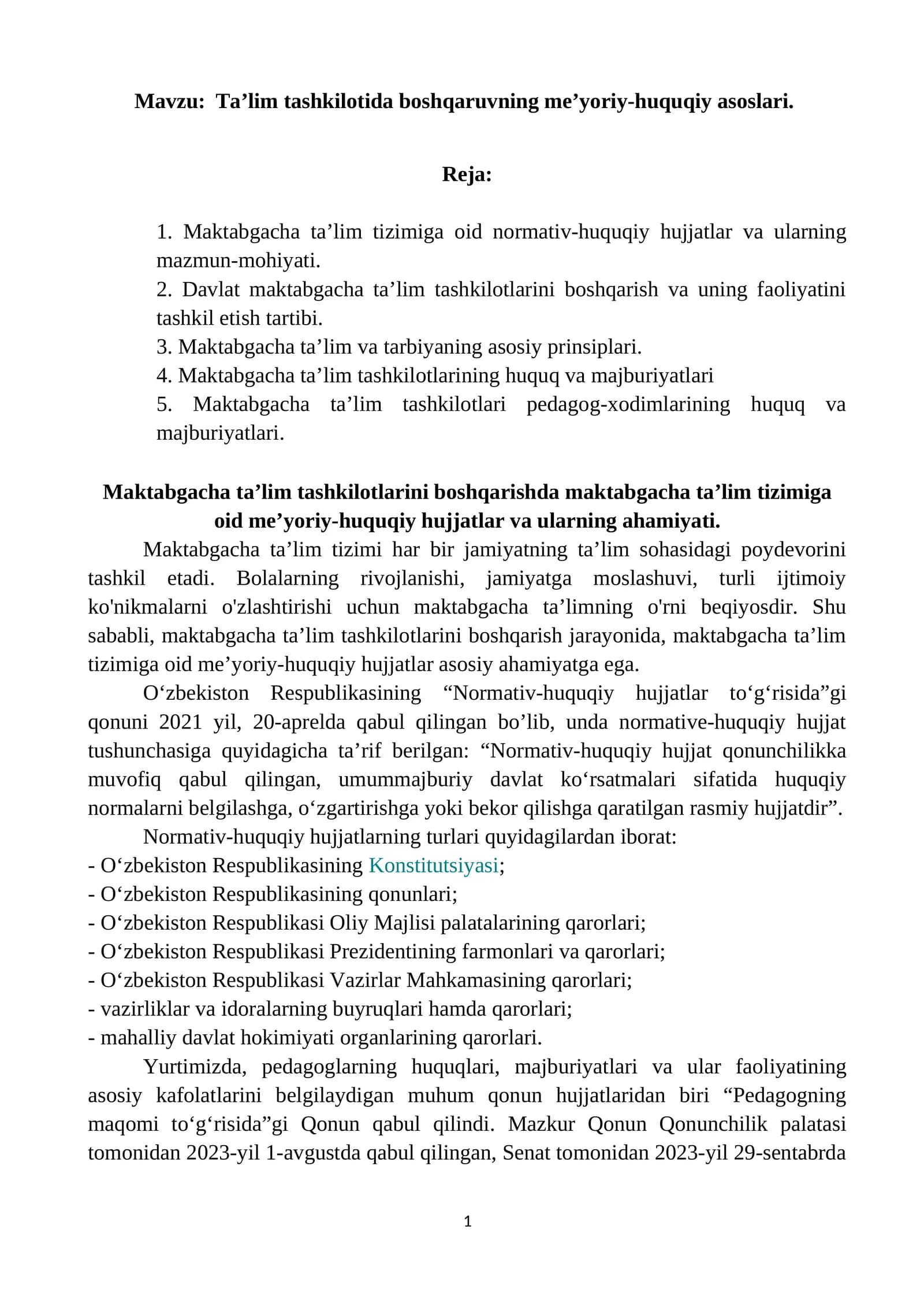 Maktabgacha taʼlim tizimi normativ-huquqiy hujjatlari