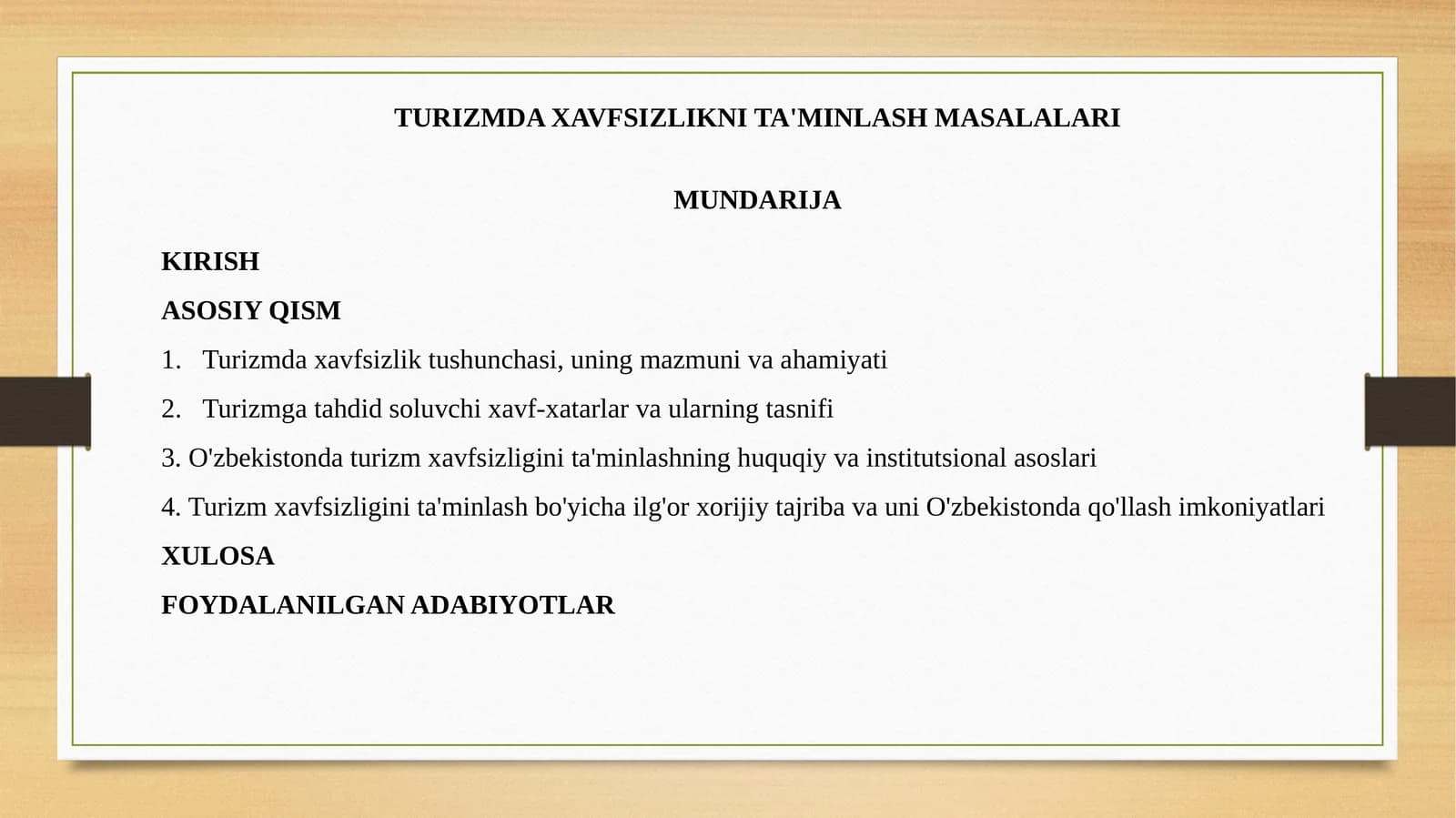 TURIZMDA XAVFSIZLIKNI TA'MINLASH MASALALARI