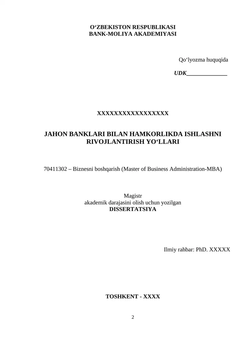 Dissertatsiya. Jahon banklari mavzusiga