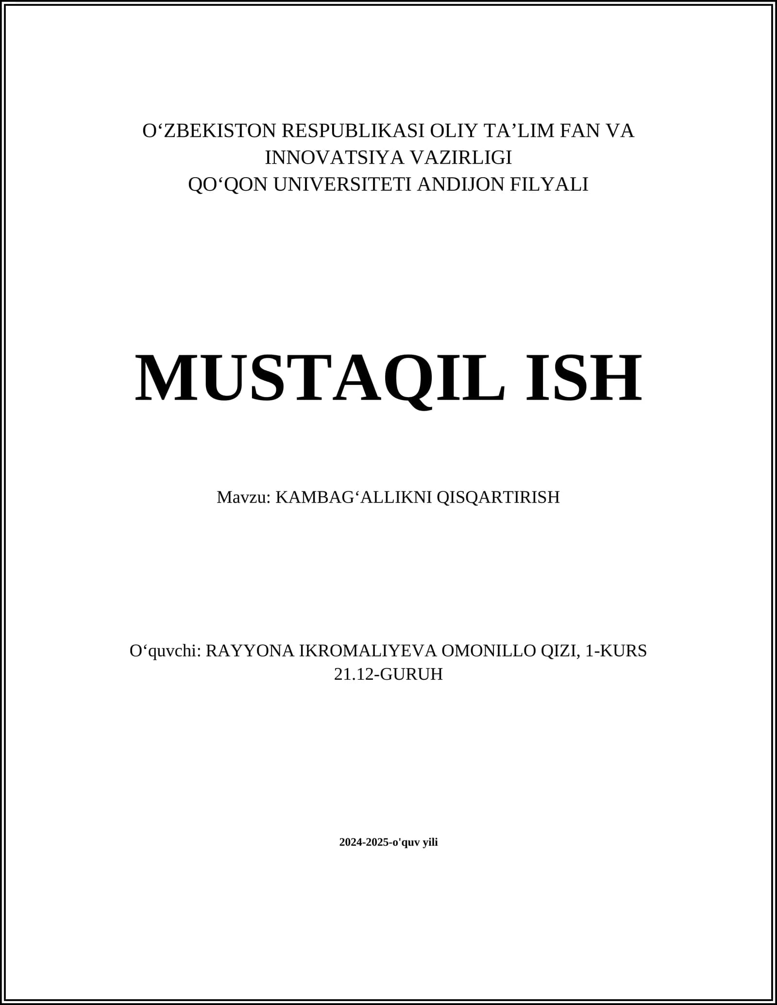 KAMBAGʻALLIKNI QISQARTIRISH