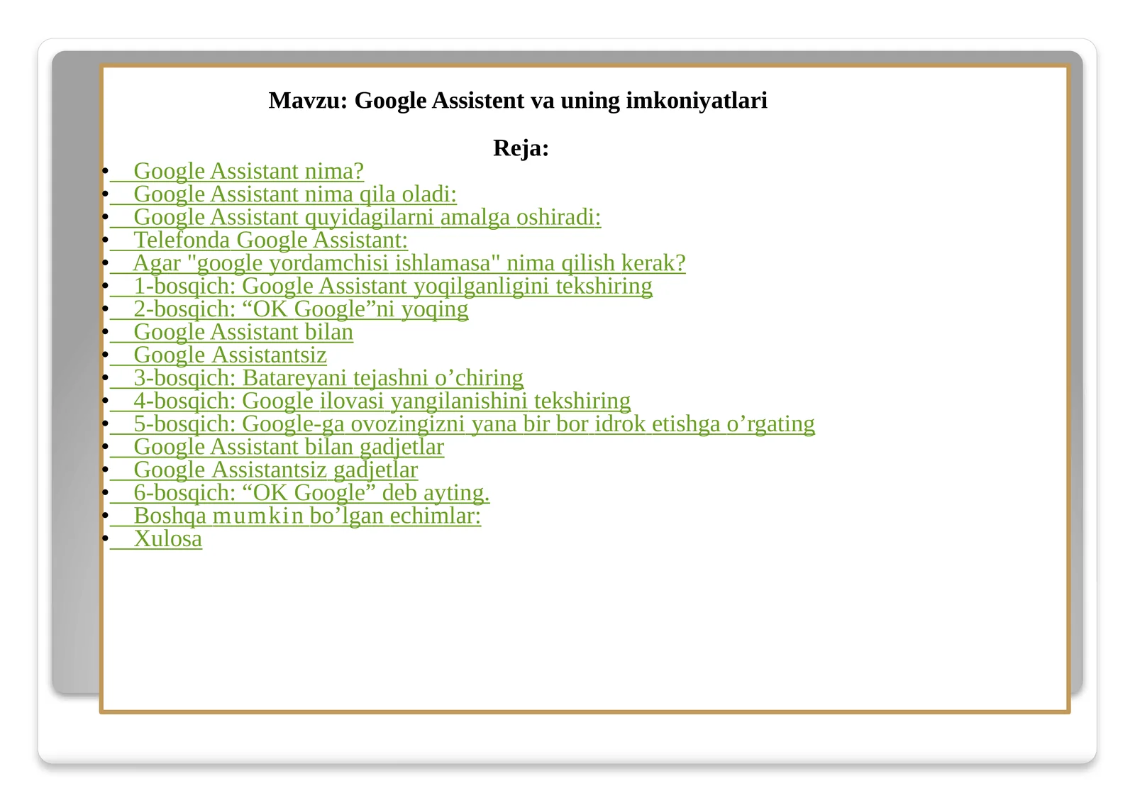Google Assistent va uning imkoniyatlari