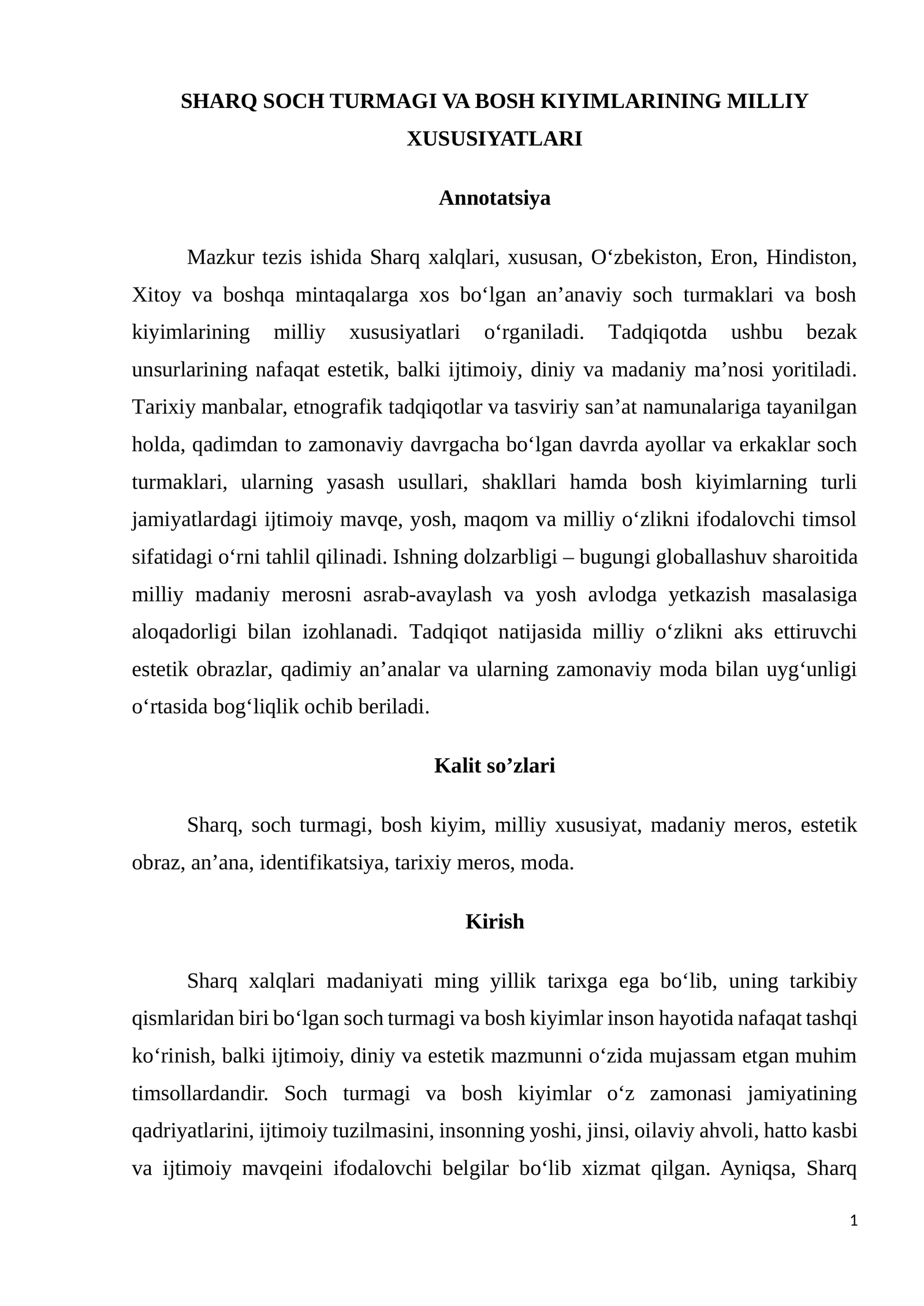 SHARQ SOCH TURMAGI VA BOSH KIYIMLARINING MILLIY XUSUSIYATLARI