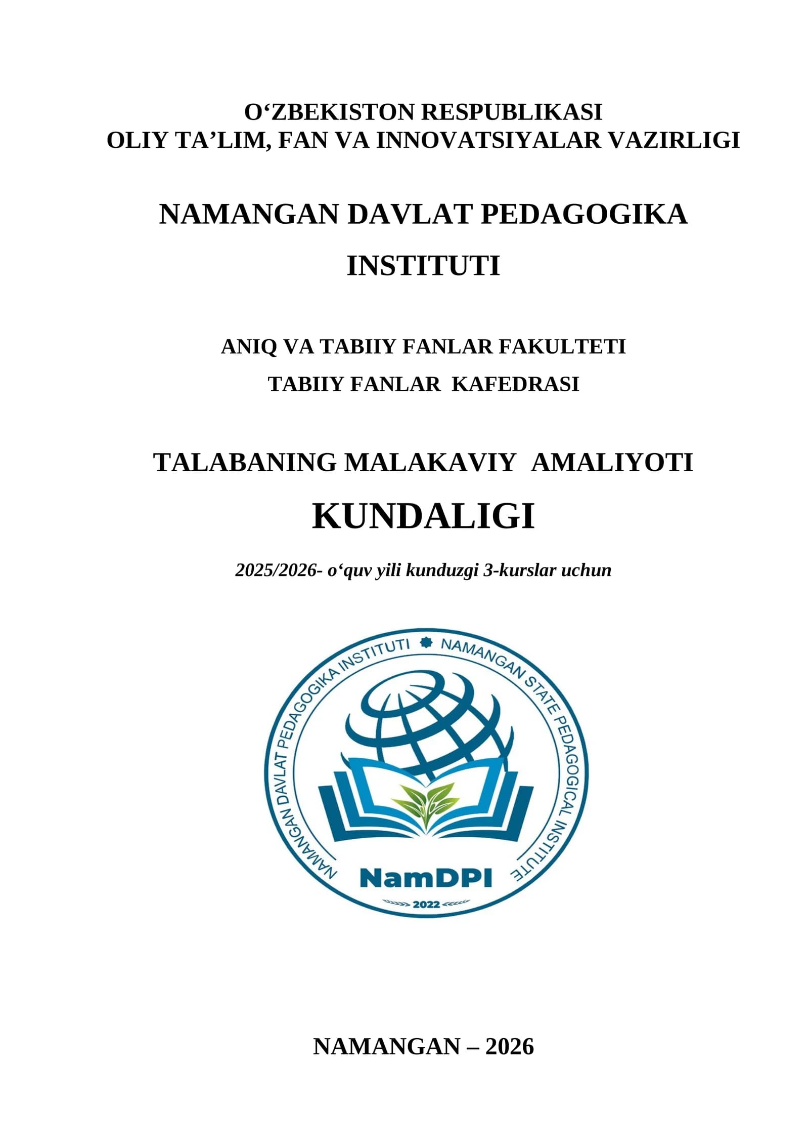 Talabaning MALAKAVIY amaliyoti Kundalig