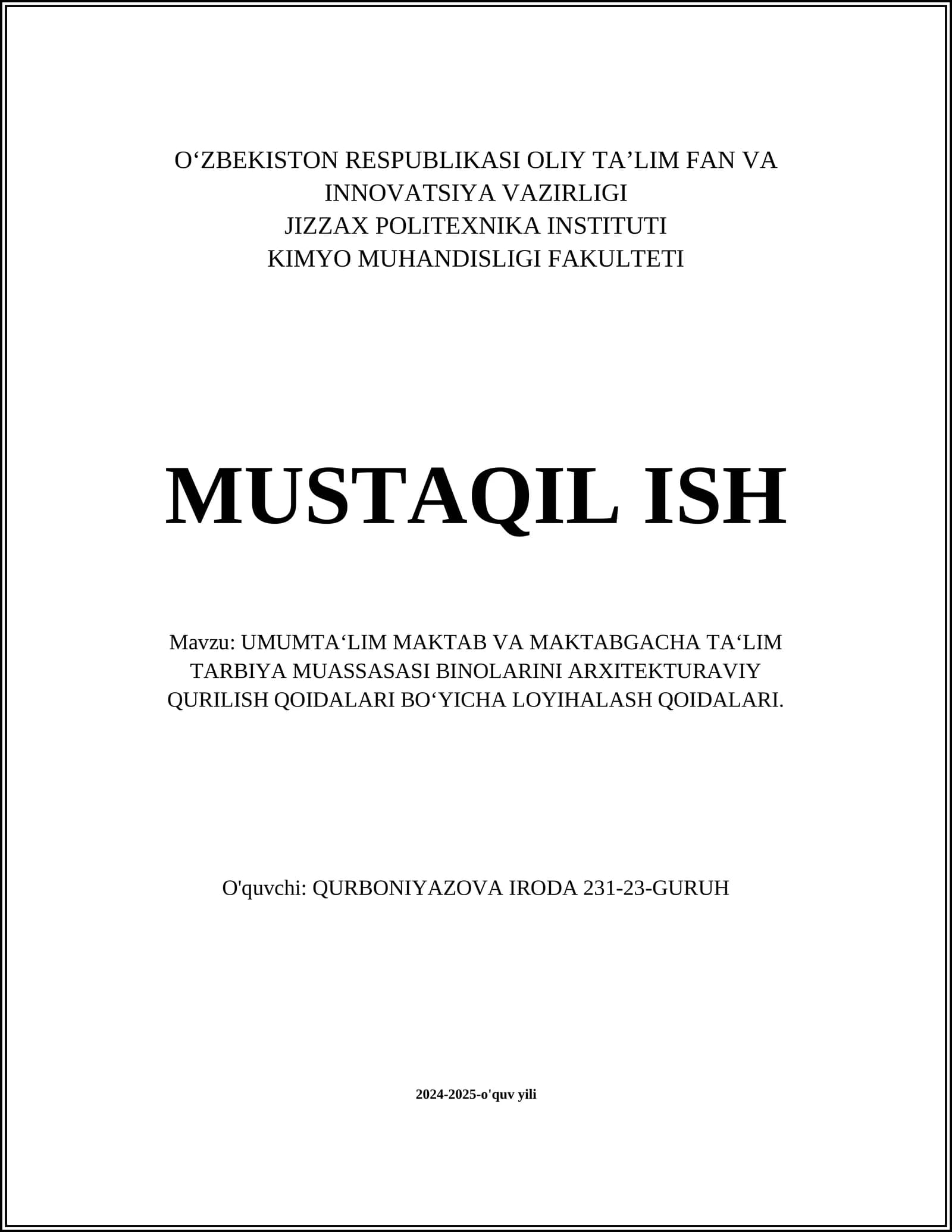 UMUMTA‘LIM MAKTAB VA MAKTABGACHA TA‘LIM TARBIYA MUASSASASI BINOLARINI ARXITEKTURAVIY QURILISH QOIDALARI BO‘YICHA LOYIHALASH QOIDALARI