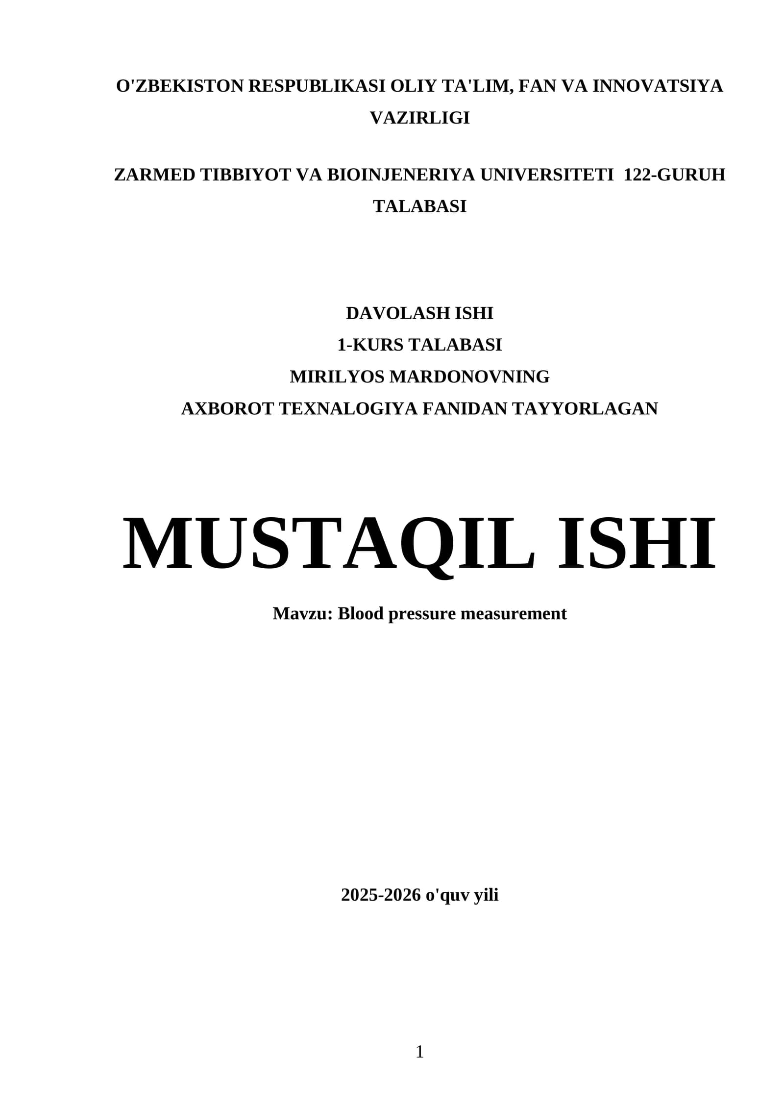 Davolash ishi: Qon bosimini o'lchash