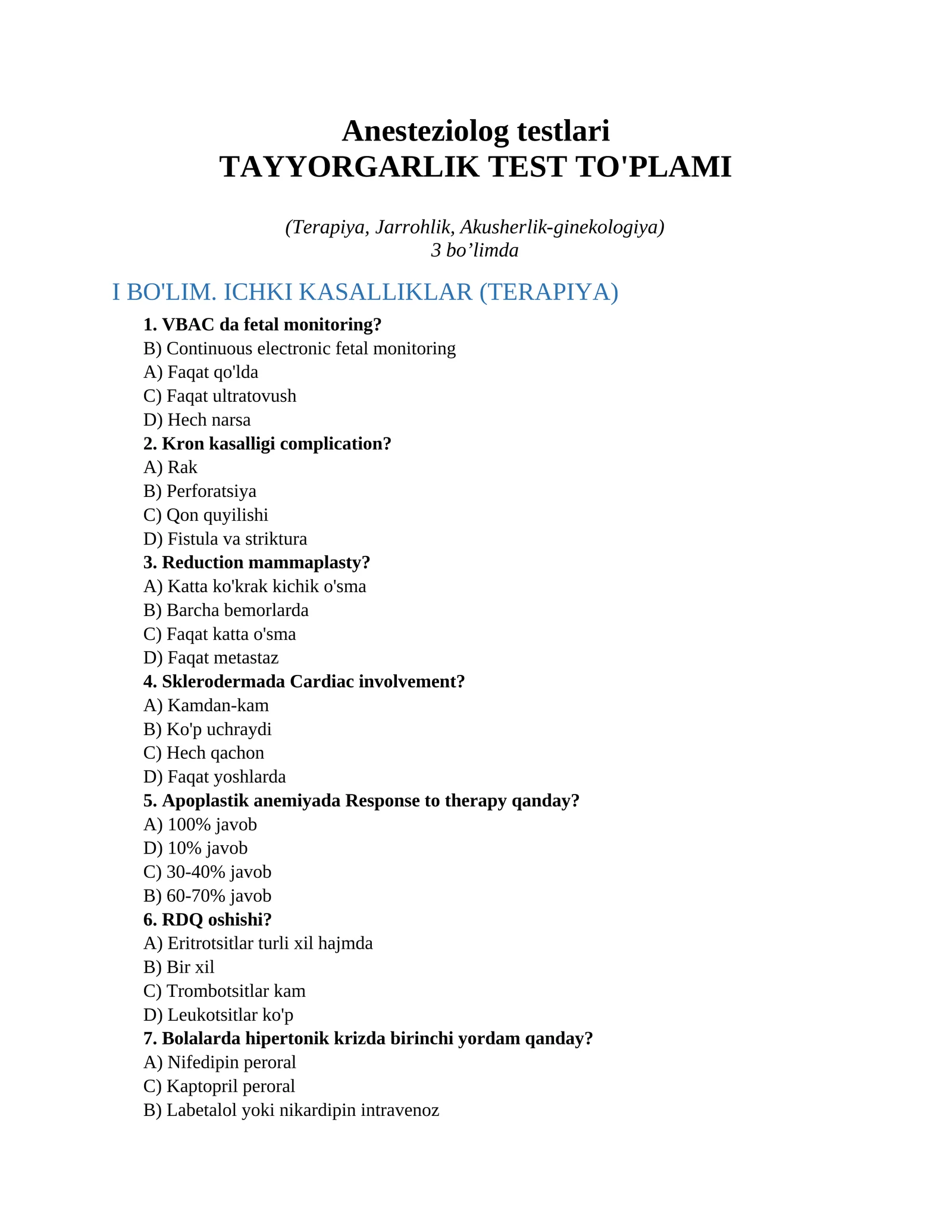 Anesteziolog testlari