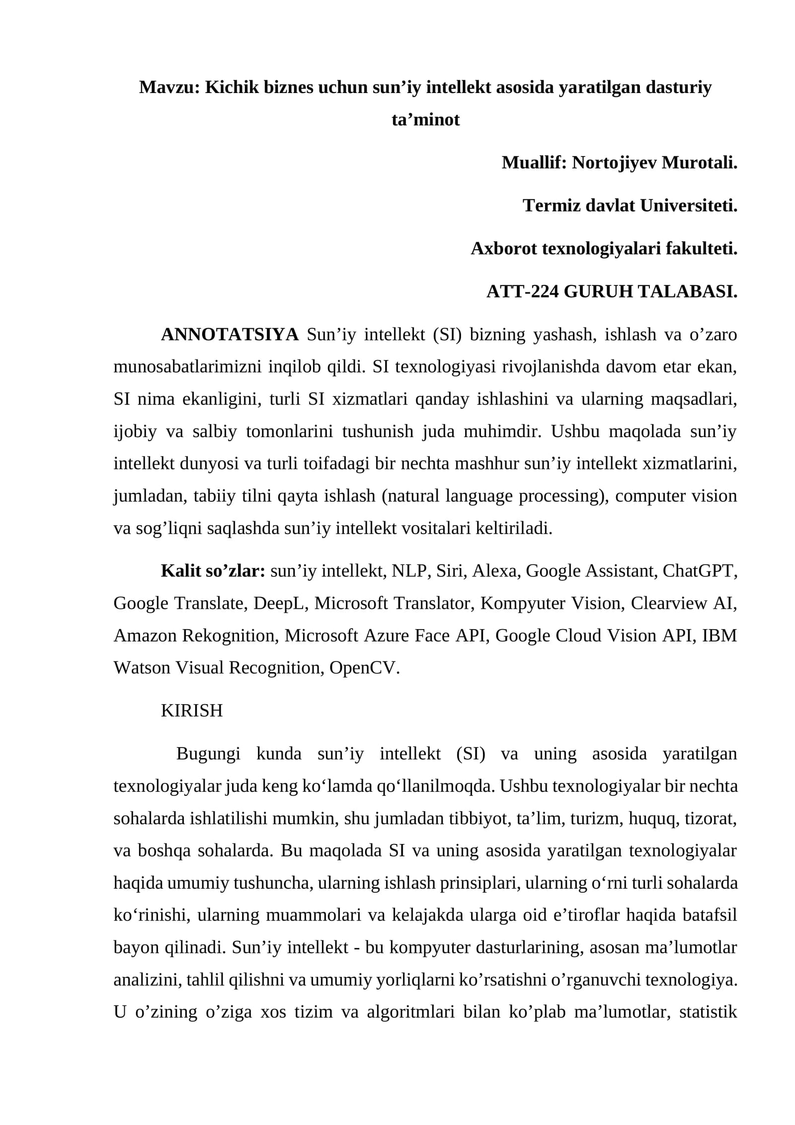 Kichik biznes uchun sunʼiy intellekt asosida yaratilgan dasturiy taʼminot