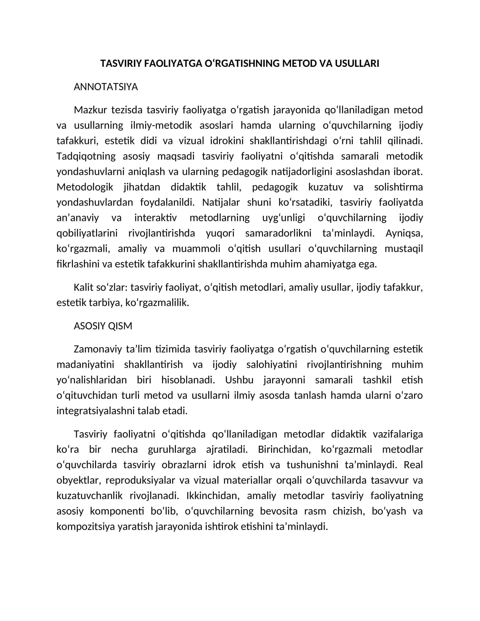 TASVIRIY FAOLIYATGA O‘RGATISHNING METOD VA USULLARI
