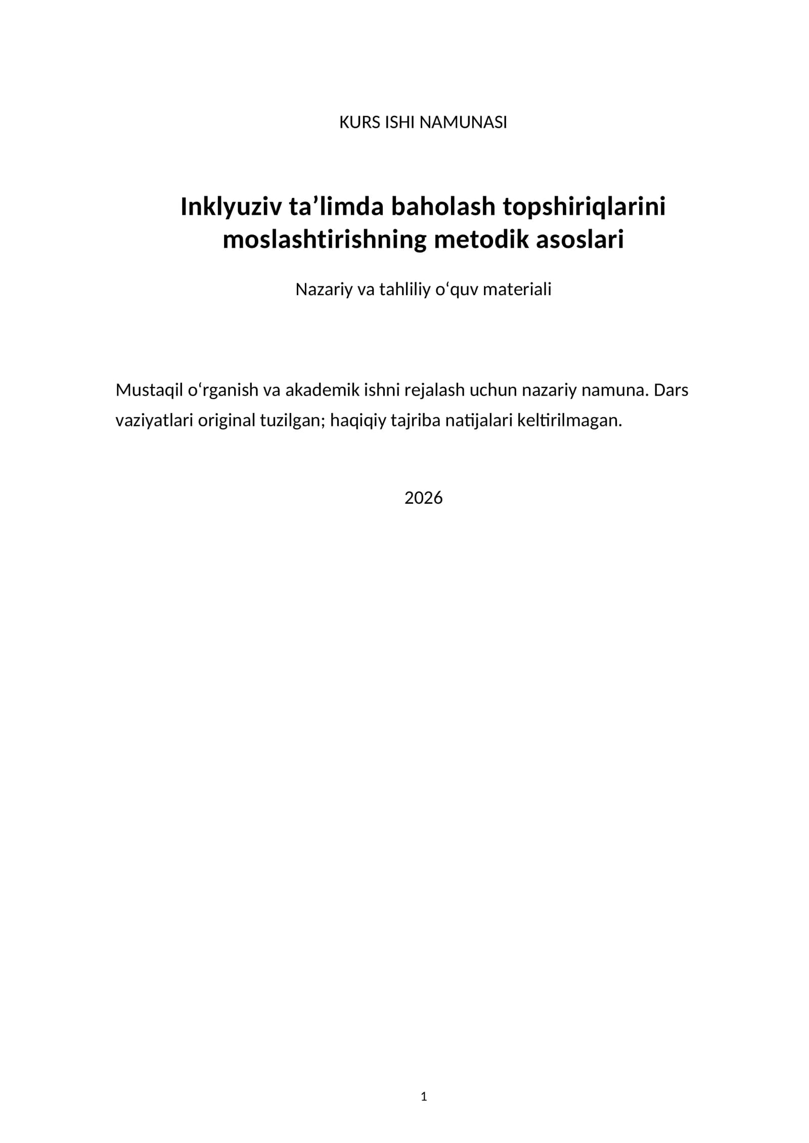 Inklyuziv ta’limda baholash topshiriqlarini moslashtirishning metodik asoslari — kurs ishi namunasi