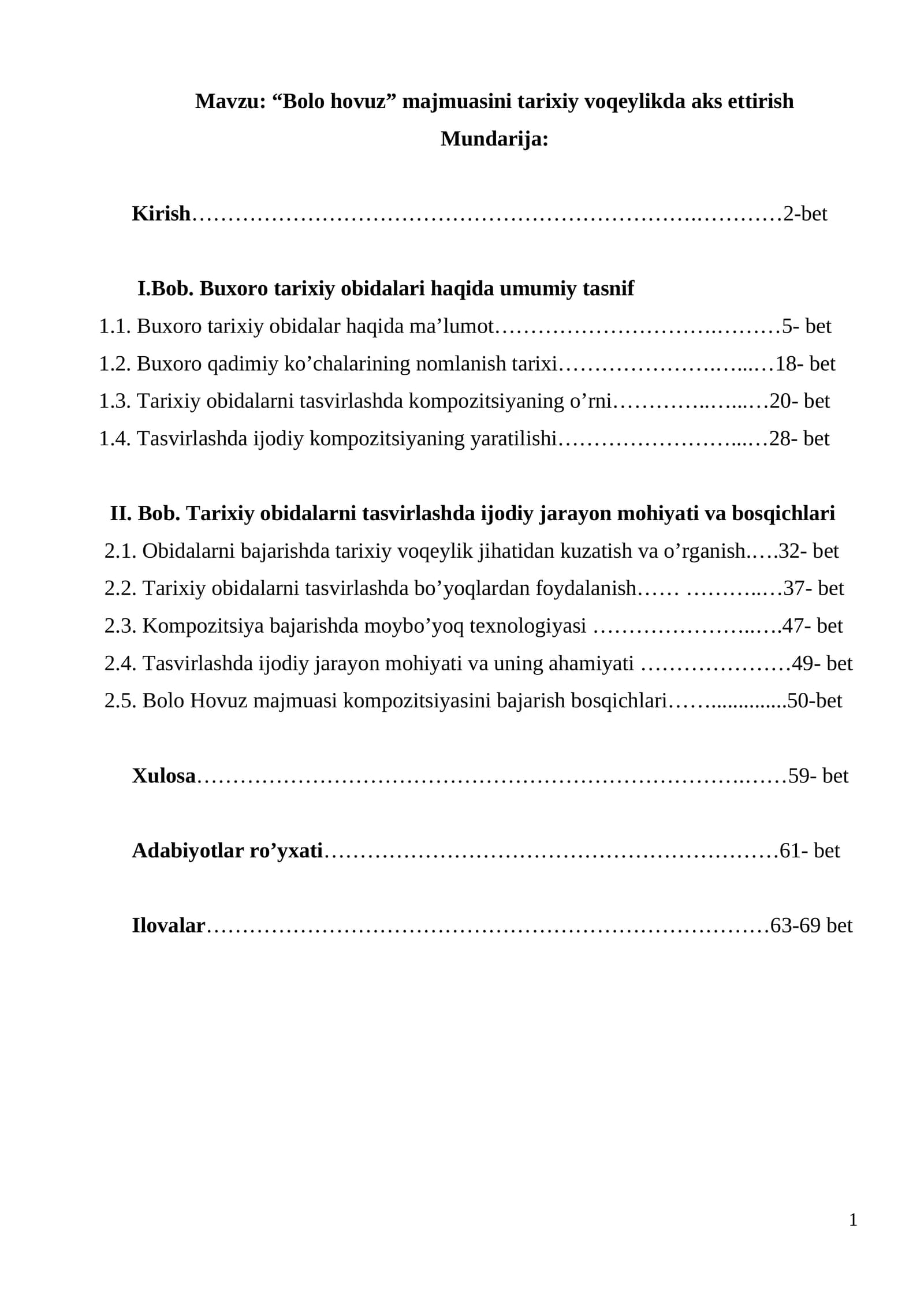 Bolo hovuz majmuasini tarixiy voqeylikda aks ettirish. Bitiruv malakaviy ish