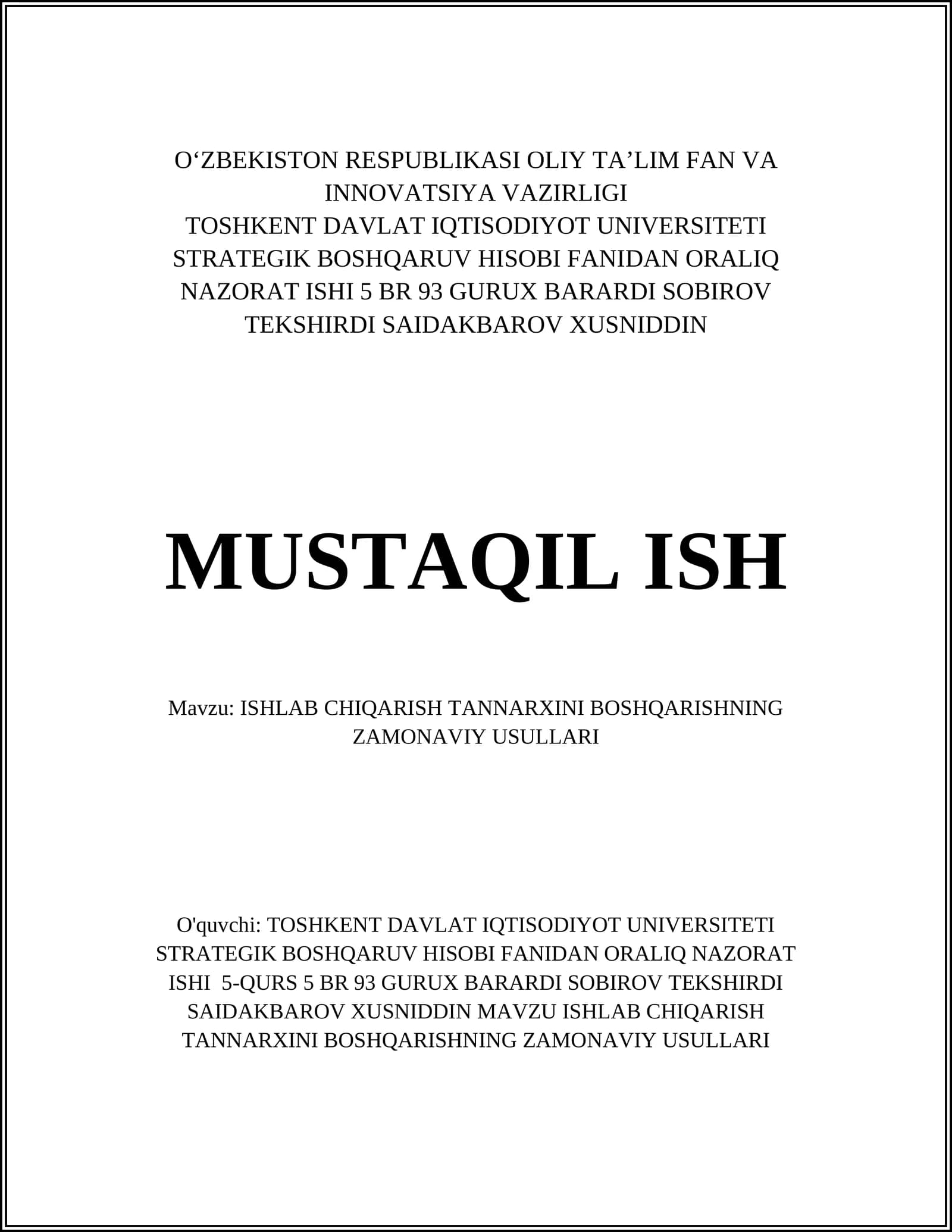 ISHLAB CHIQARISH TANNARXINI BOSHQARISHNING ZAMONAVIY USULLARI