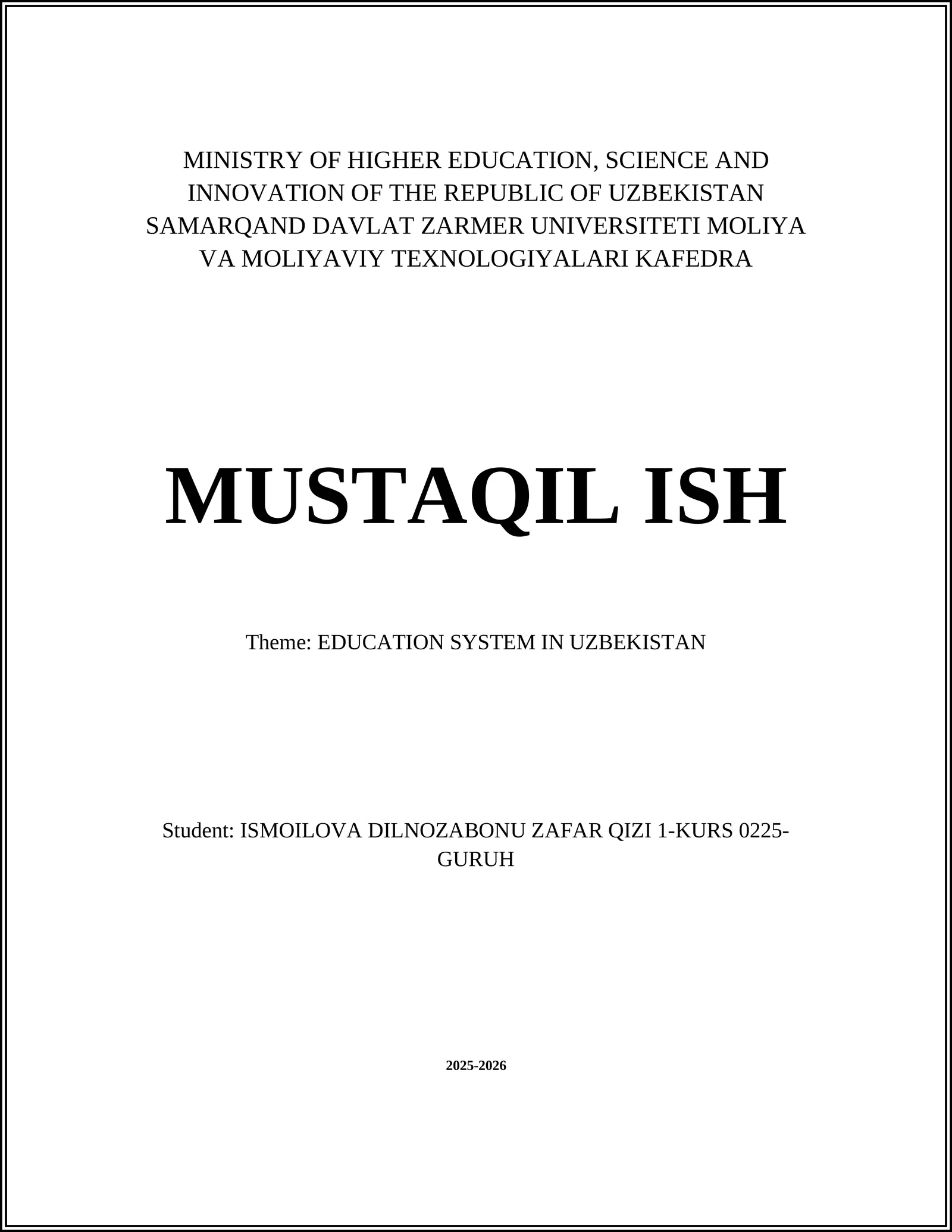 Theme: EDUCATION SYSTEM IN UZBEKISTAN