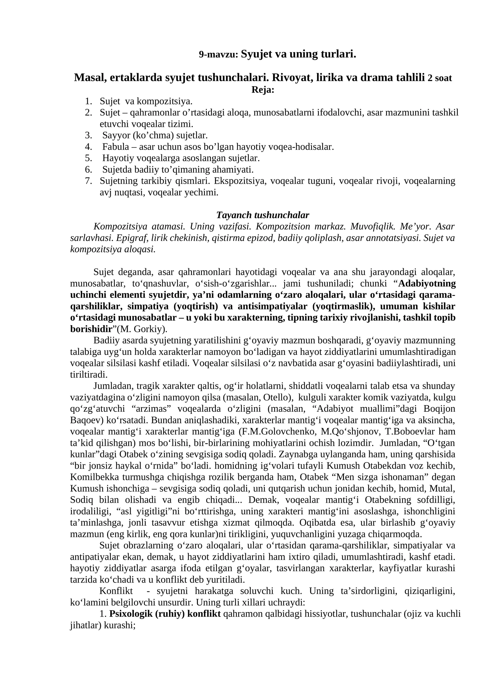 9-mavzu: Syujet va uning turlari