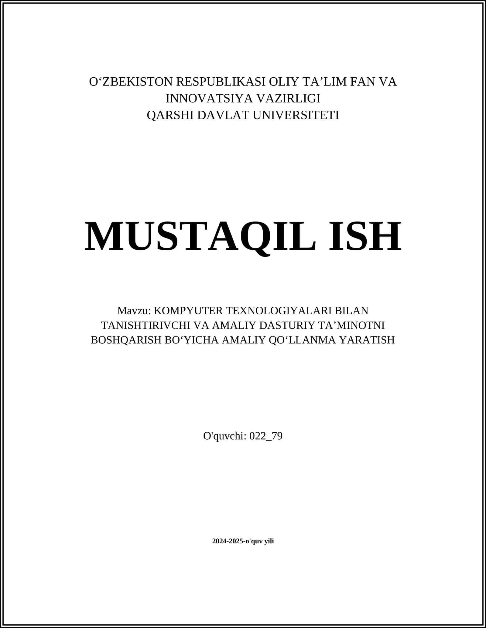 KOMPYUTER TEXNOLOGIYALARI BILAN TANISHTIRIVCHI VA AMALIY DASTURIY TAʼMINOTNI BOSHQARISH BOʻYICHA AMALIY QOʻLLANMA YARATISH
