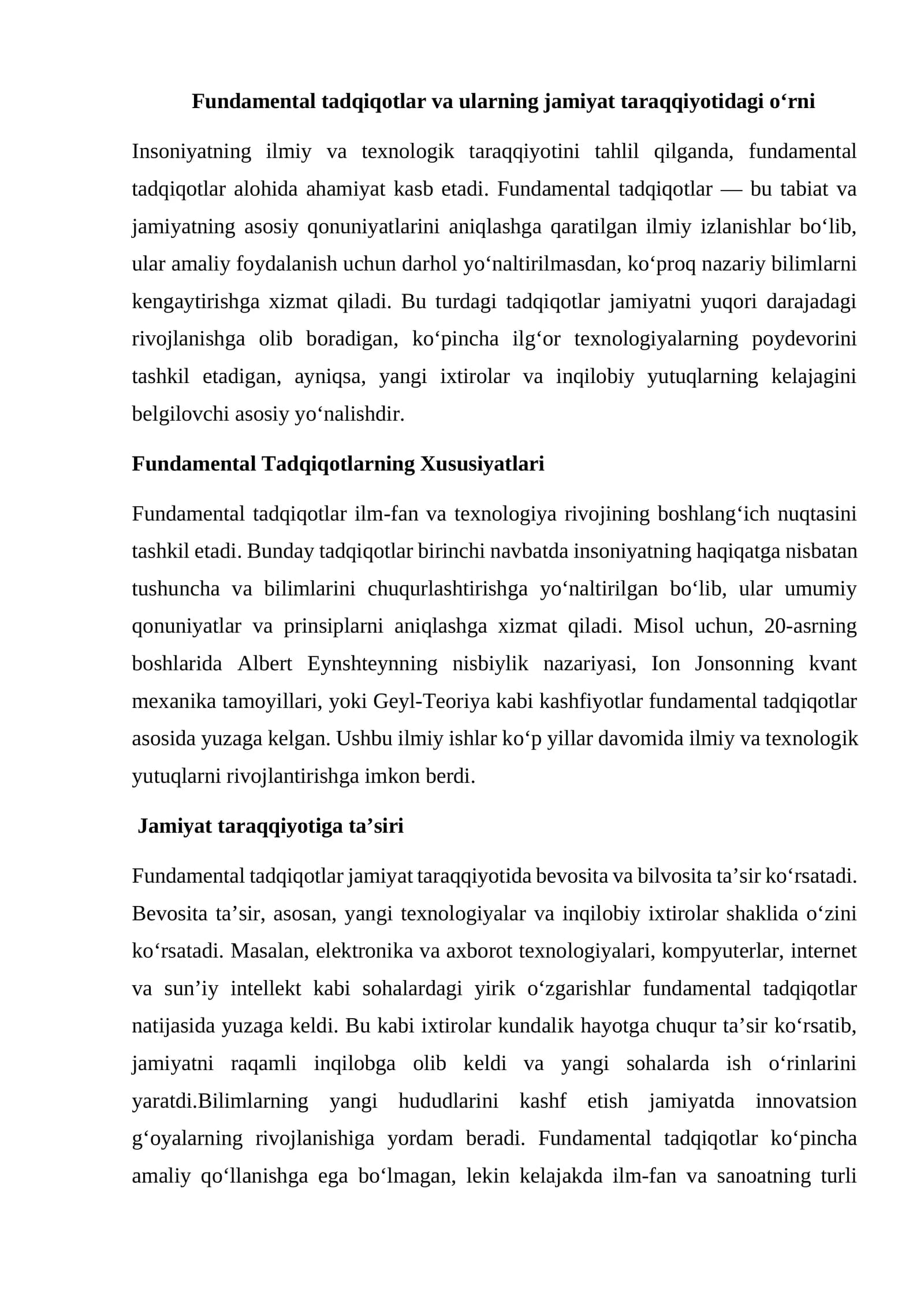Fundamental Tadqiqotlar va ularning jamiyat taraqqiyotidagi o‘rni
