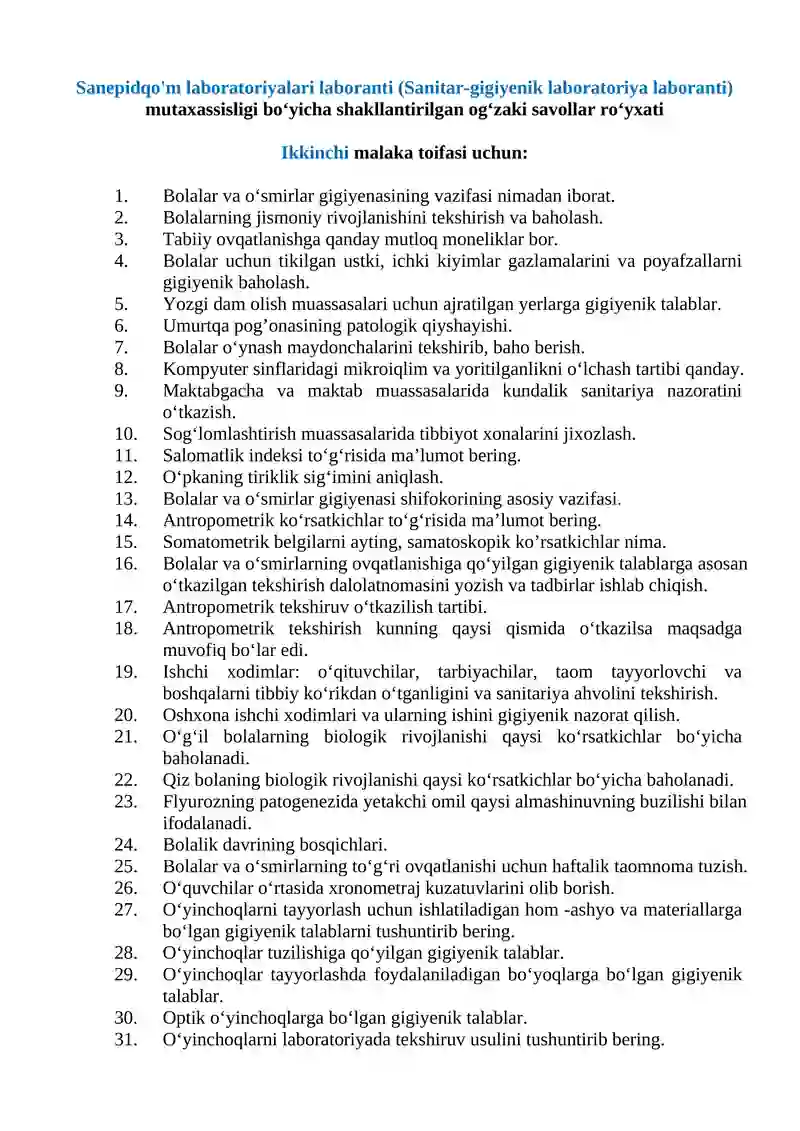 Sanitar-gigiyenik laboratoriya laboranti mutaxassisligi