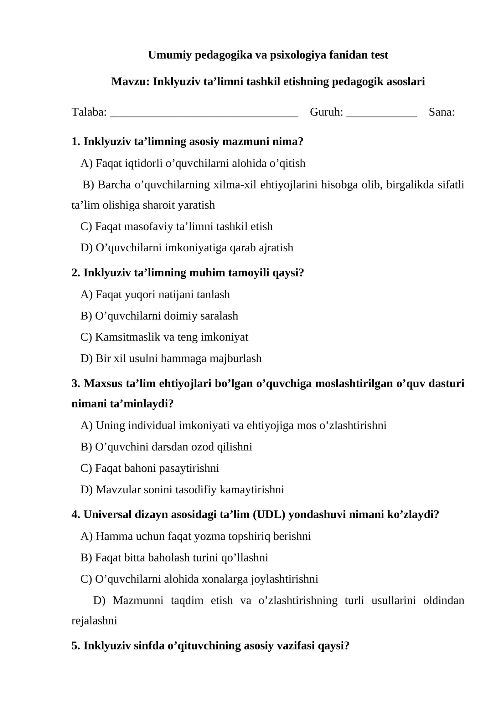 Umumiy pedagogika va psixologiya fanidan test