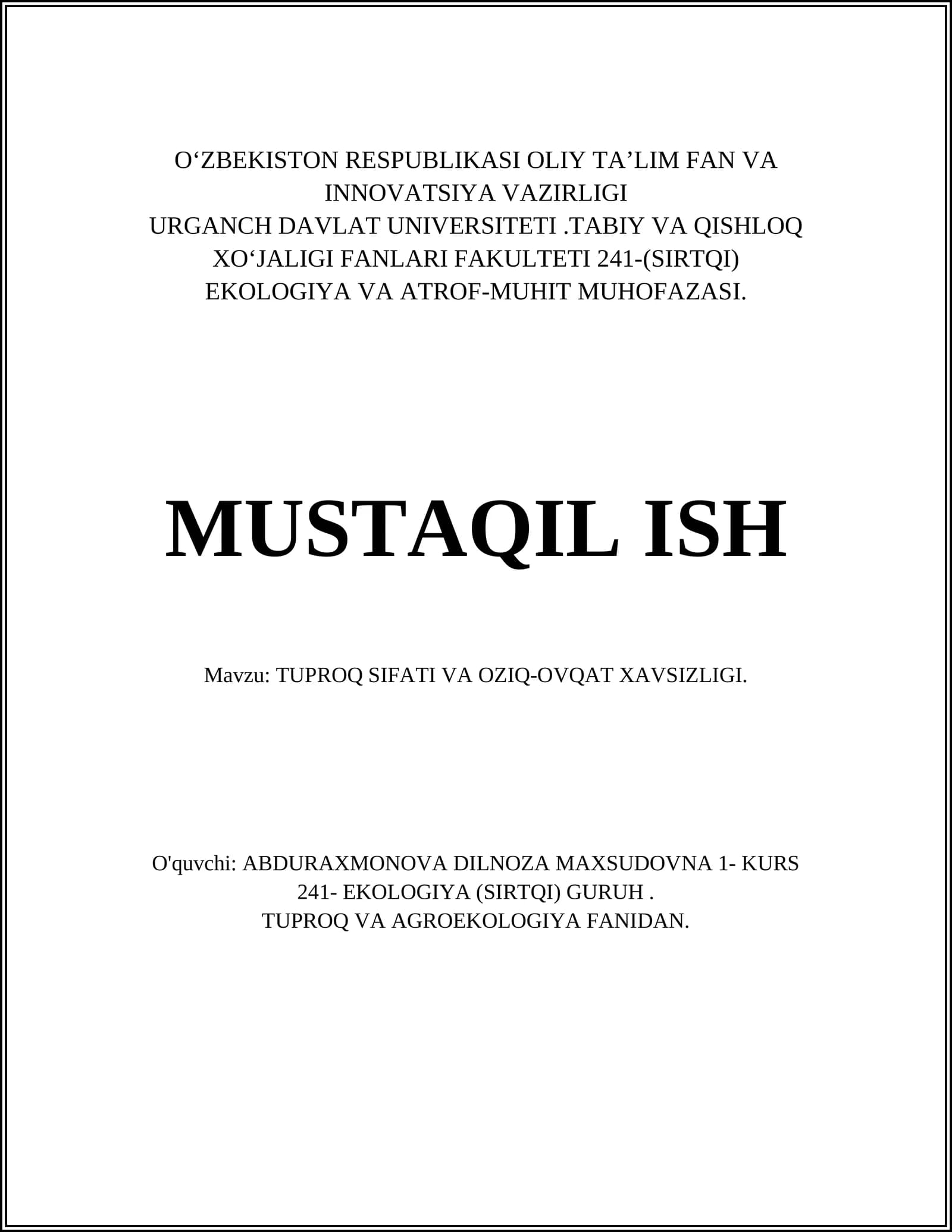 TUPROQ SIFATI VA OZIQ-OVQAT XAVSIZLIGI