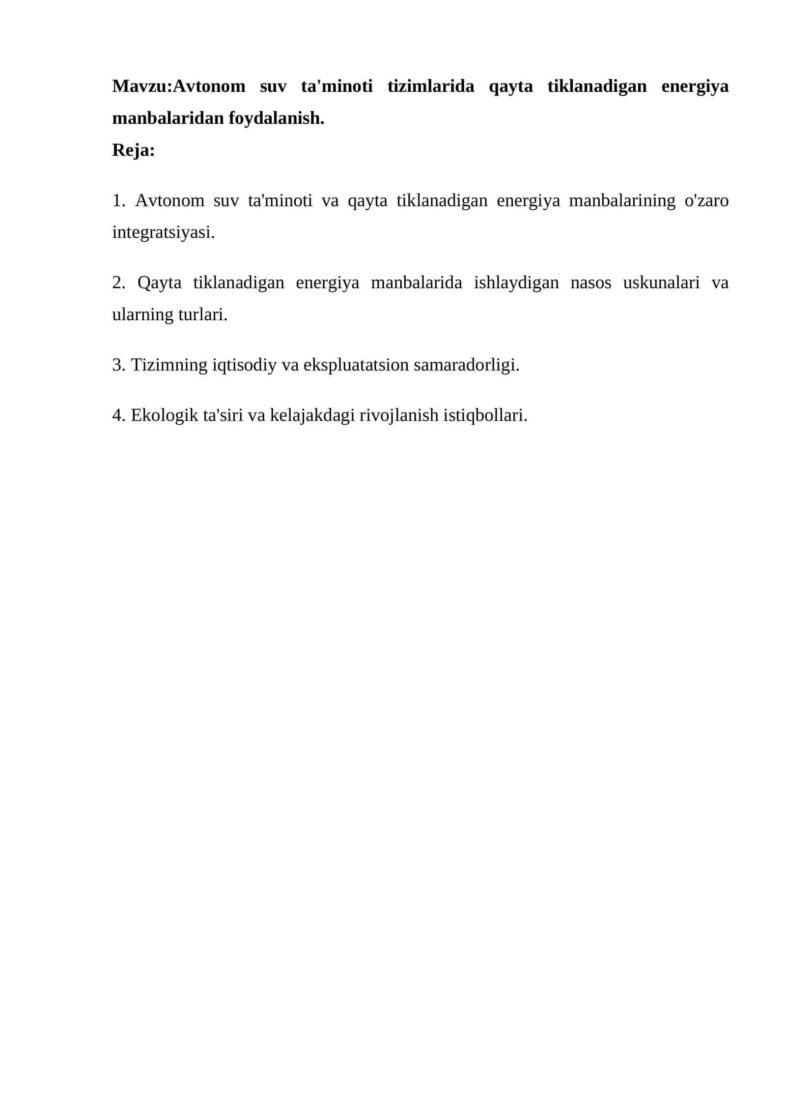 Avtonom suv ta'minoti tizimlarida qayta tiklanadigan energiya manbalaridan foydalanish