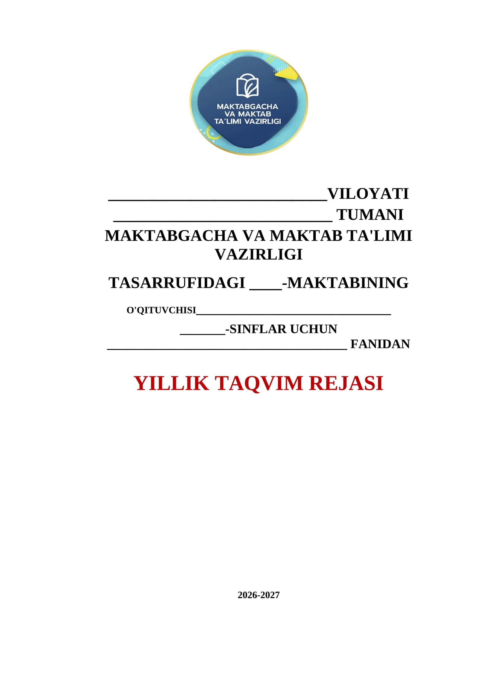 Taqvim ish reja yuzi 2026-2027