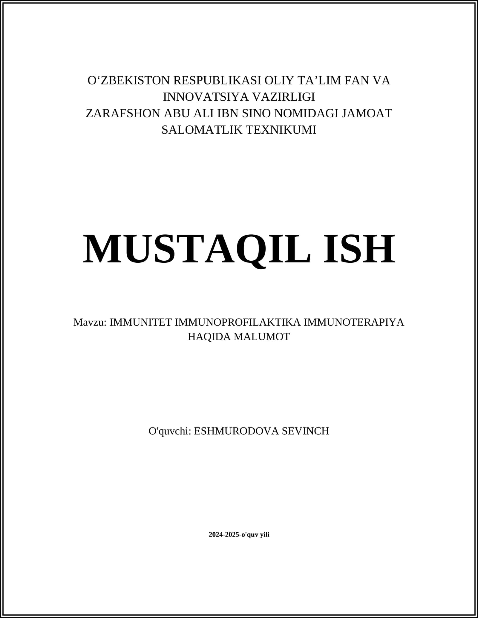 IMMUNITET IMMUNOPROFILAKTIKA IMMUNOTERAPIYA HAQIDA MALUMOT