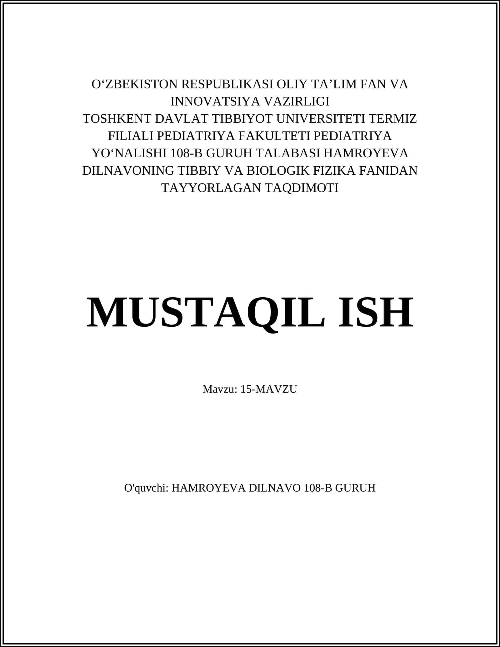 Mavzuning umumiy tavsifi