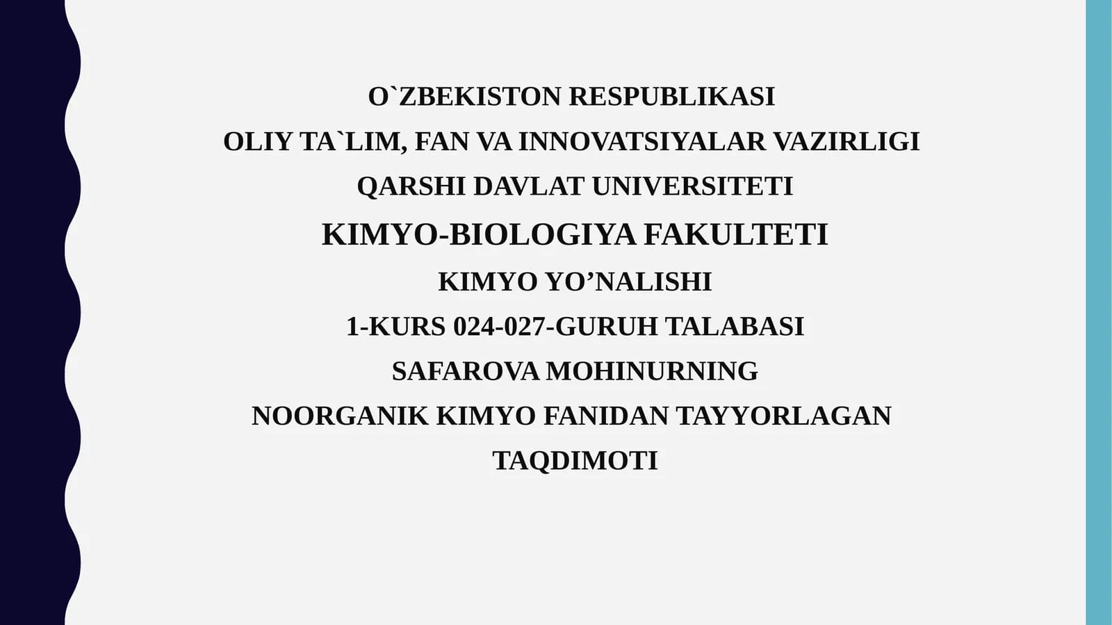 NOORGANIK KIMYOFANIDAN TAYYORLAGAN TAQDIMOTI