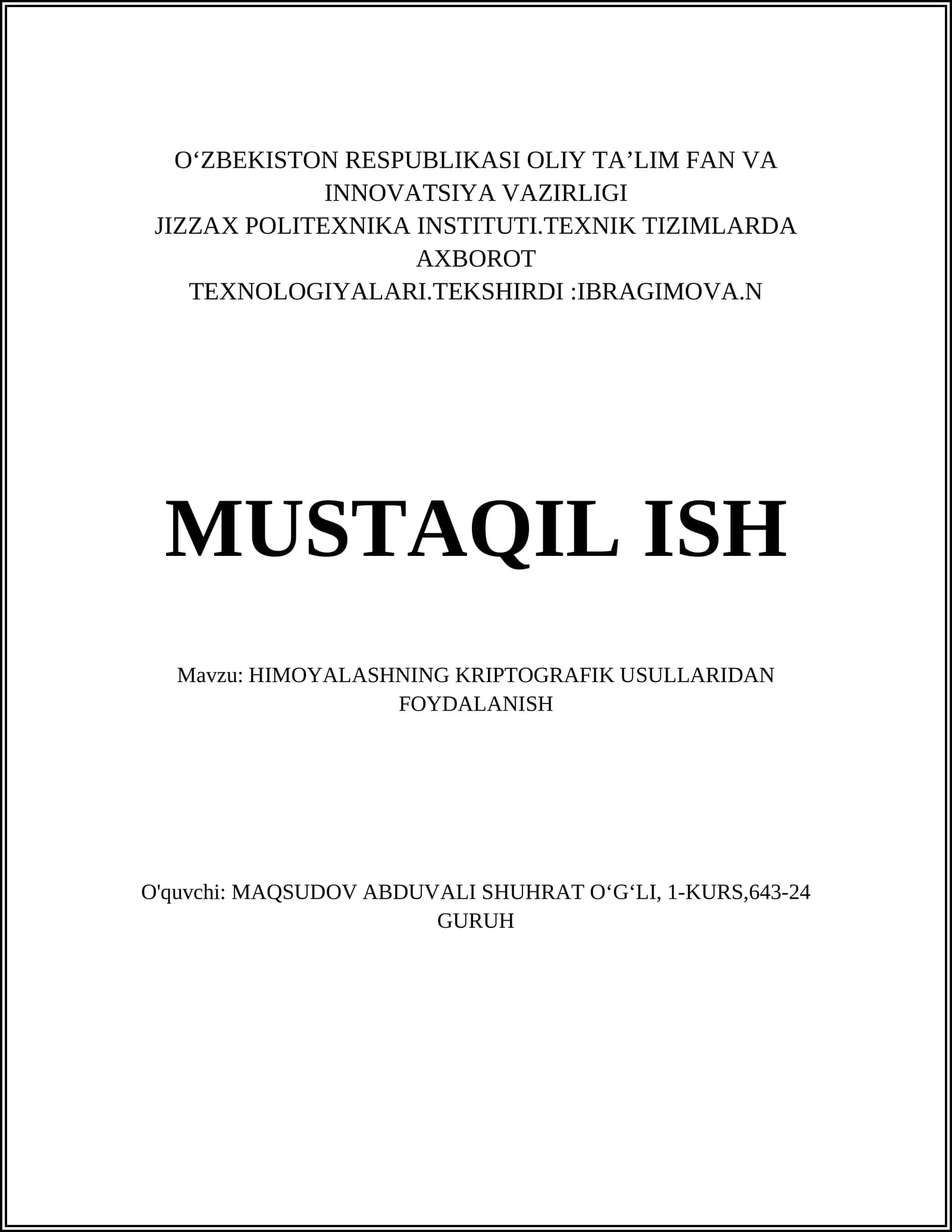HIMOYALASHNING KRIPTOGRAFIK USULLARIDAN FOYDALANISH