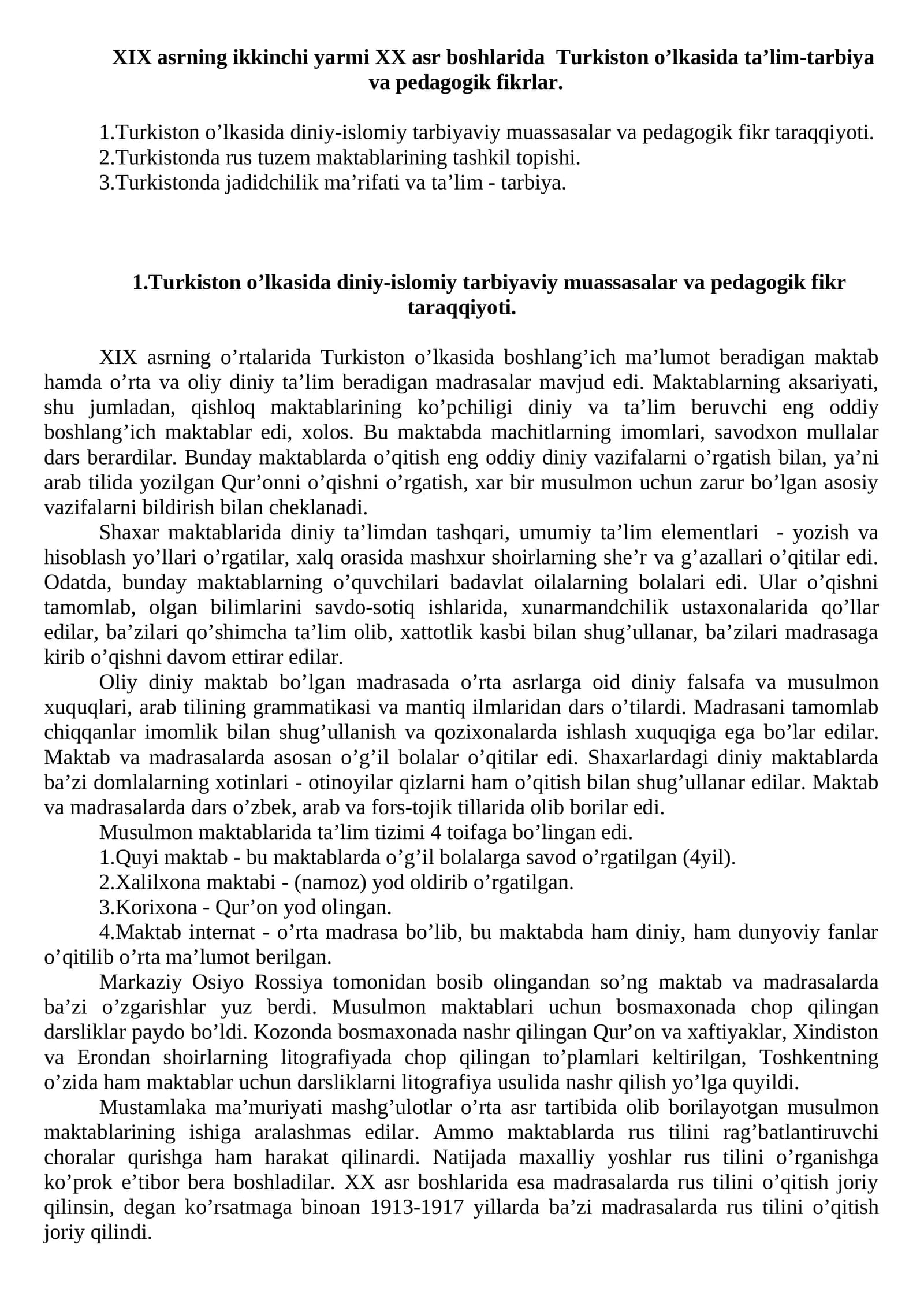 Turkiston o’lkasida ta’lim-tarbiya va pedagogik fikrlar