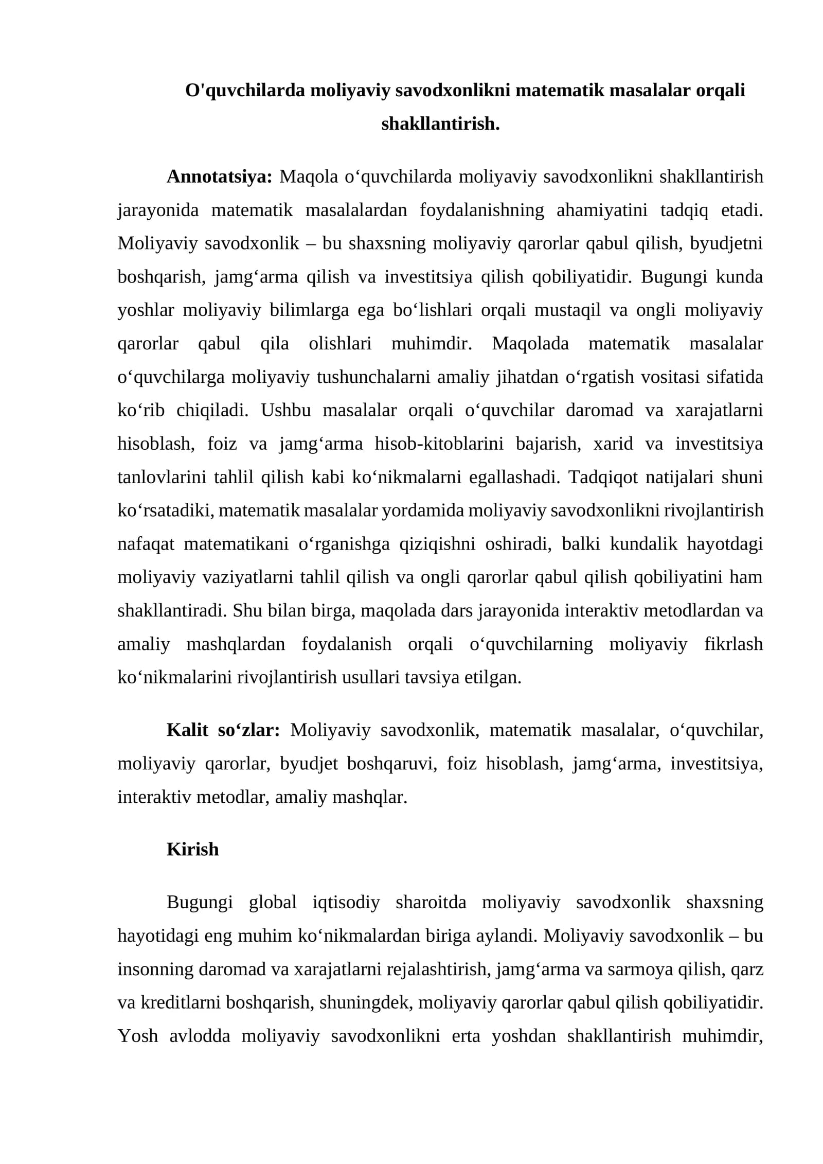 Matematik masalalar orqali moliyaviy savodxonlikni shakllantirish