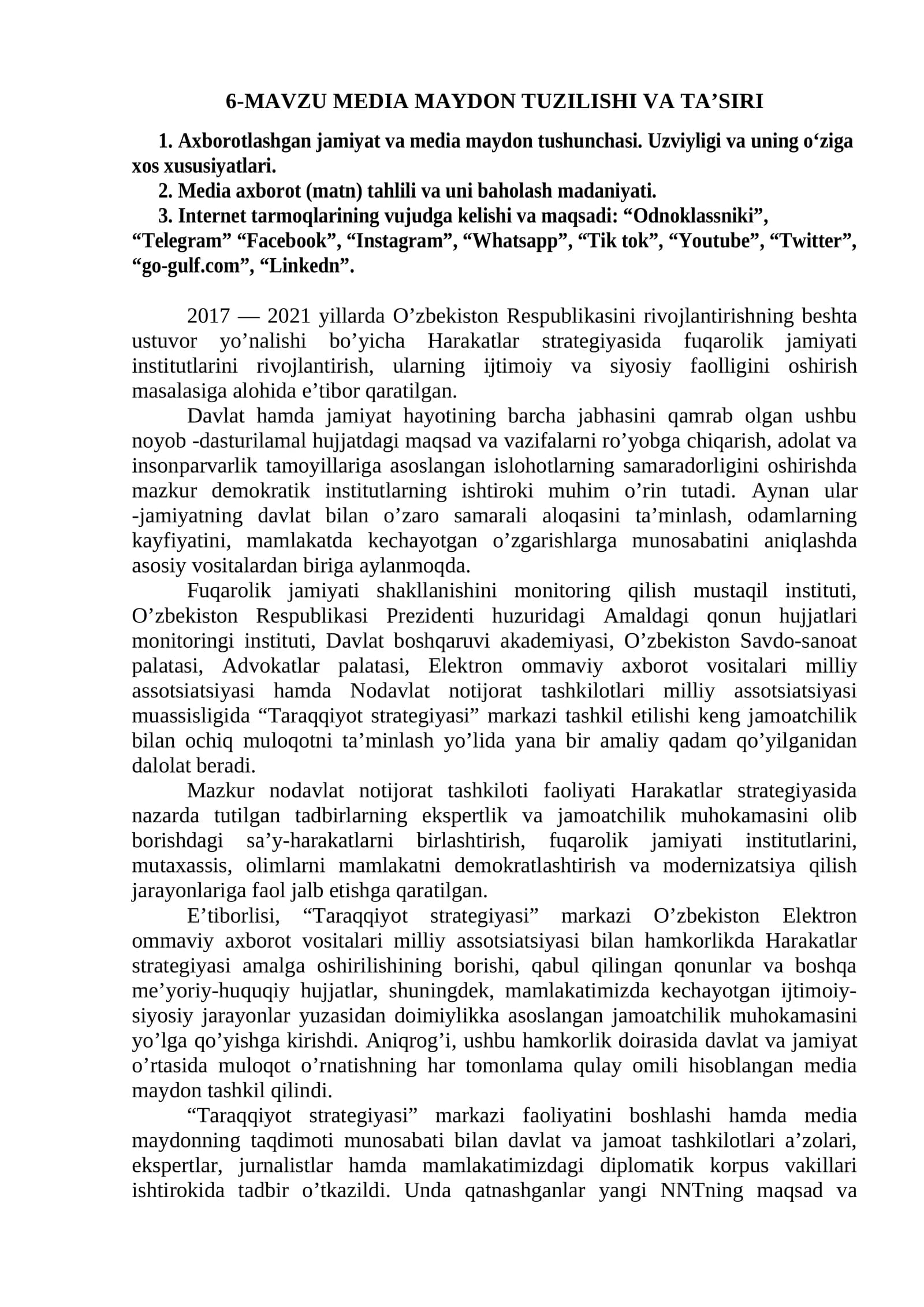 MAVZU MEDIA MAYDON TUZILISHI VA TA’SIRI