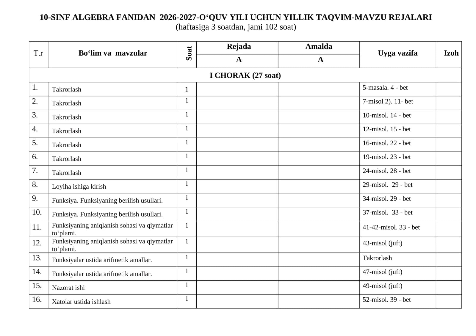 10-SINF ALGEBRA 2026-2027. Ish reja