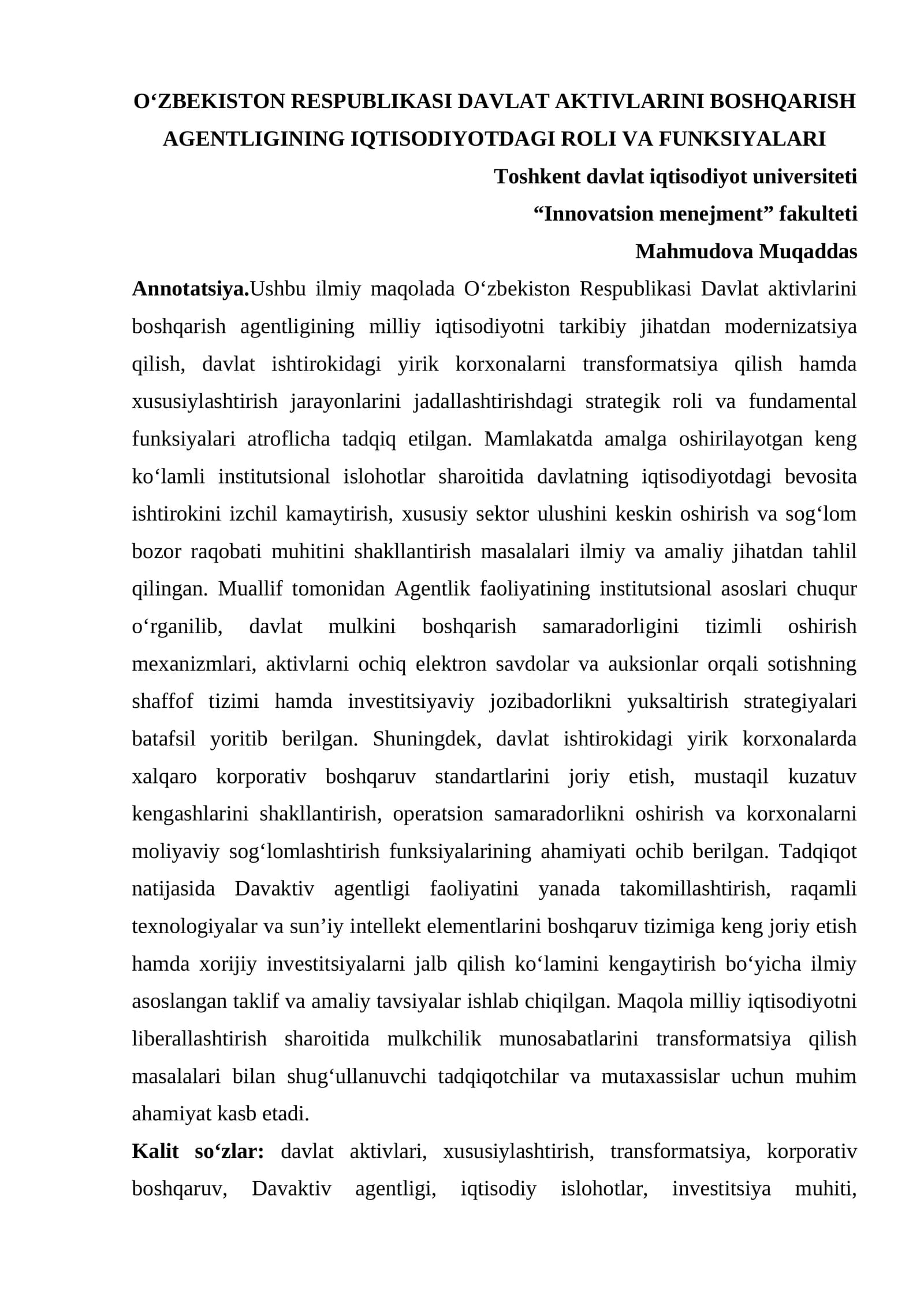 O'ZBEKISTON RESPUBLIKASI DAVLAT AKTIVLARINI BOSHQARISH AGENTLIGINING IQTISODIYOTDAGI ROLI VA FUNKSIYALARI