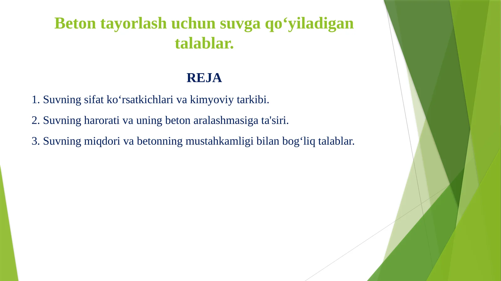 Beton tayorlash uchun suvga qo‘yiladigan talablar.