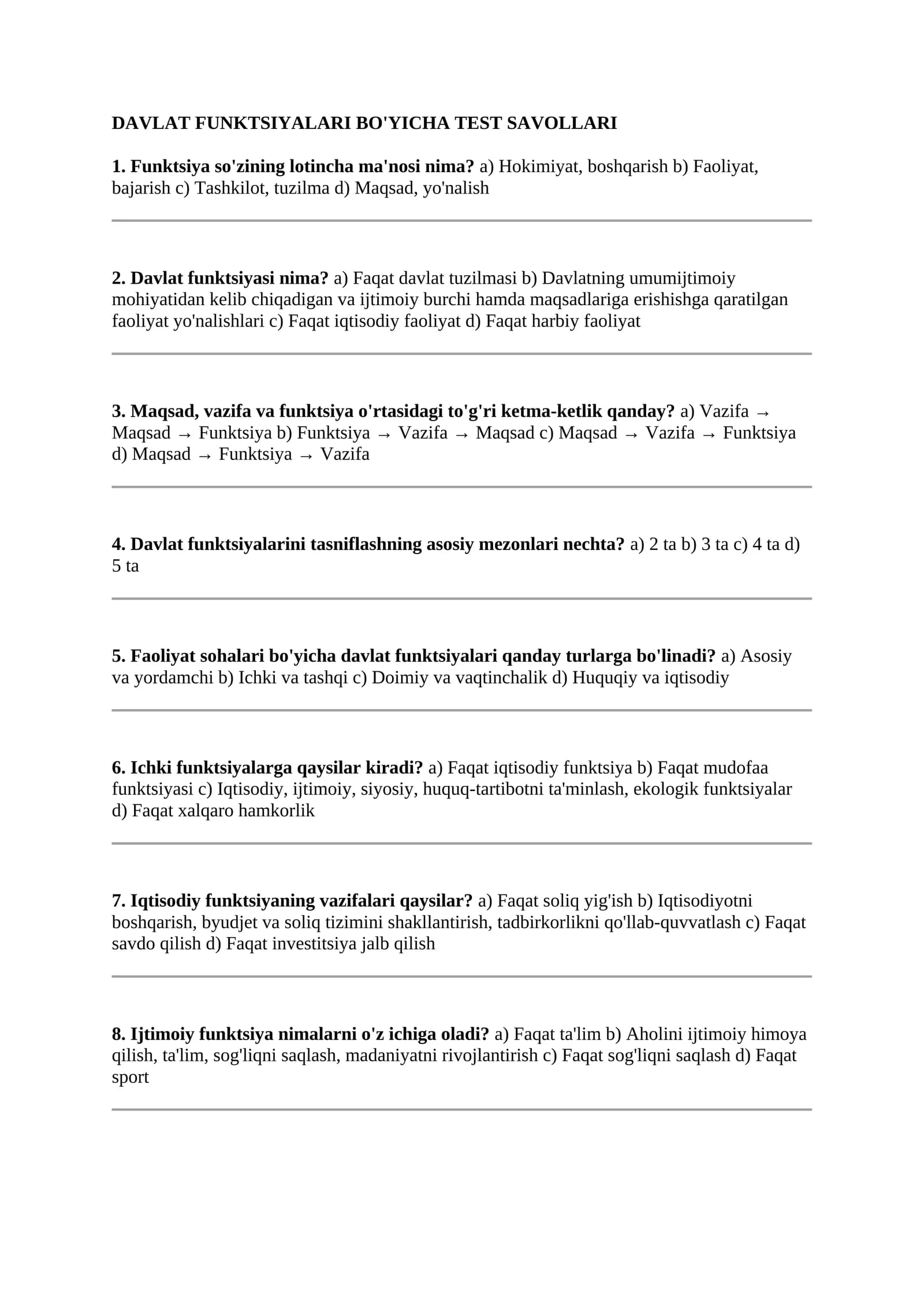 Davlat Funktsionalari Bo'yicha Test Savollari