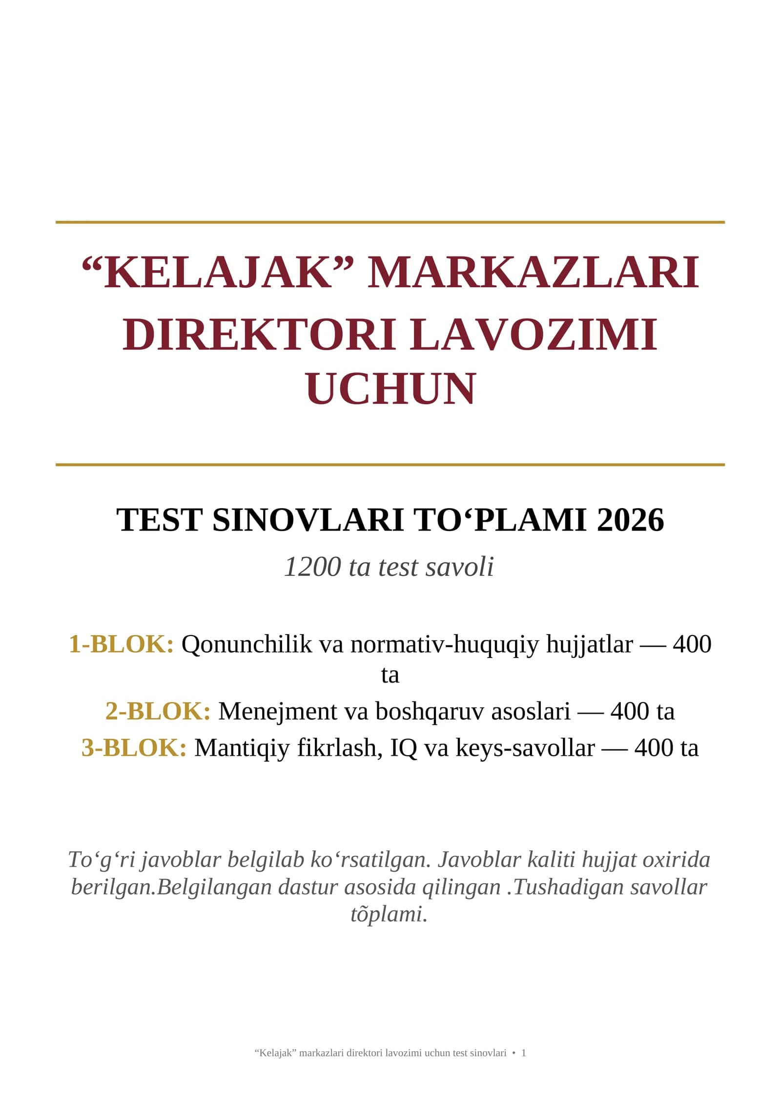KELAJAK MARKAZLARI - DIREKTORI LAVOZIMI UCHUN TEST SINOVLARI TO'PLAMI 2026