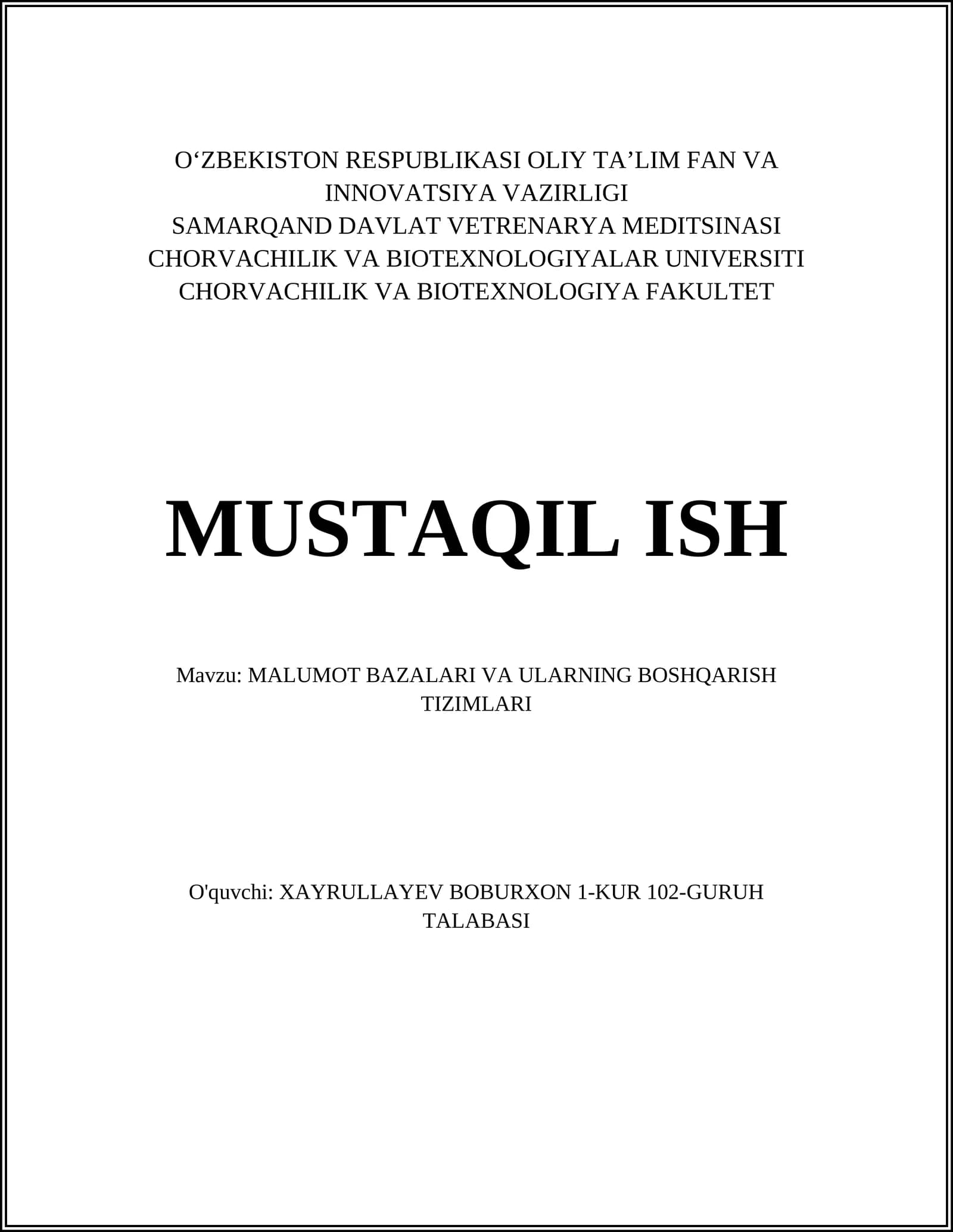 MALUMOT BAZALARI VA ULARNING BOSHQARISH TIZIMLARI